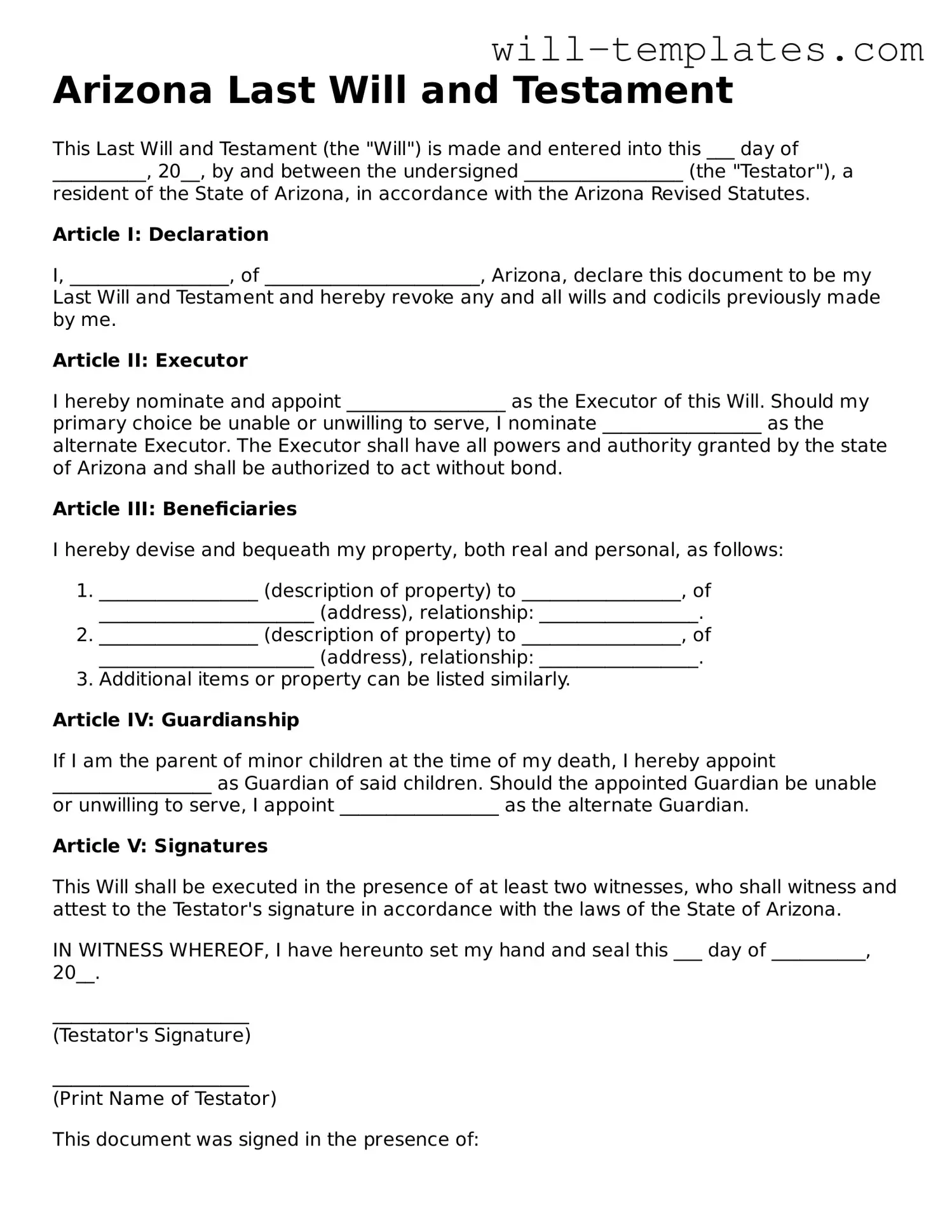 Official  Last Will and Testament Template for Arizona