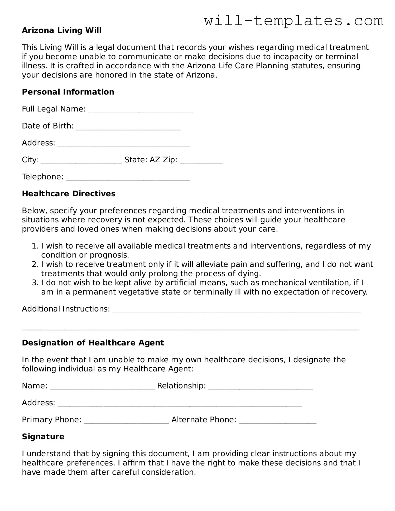 Official  Living Will Template for Arizona