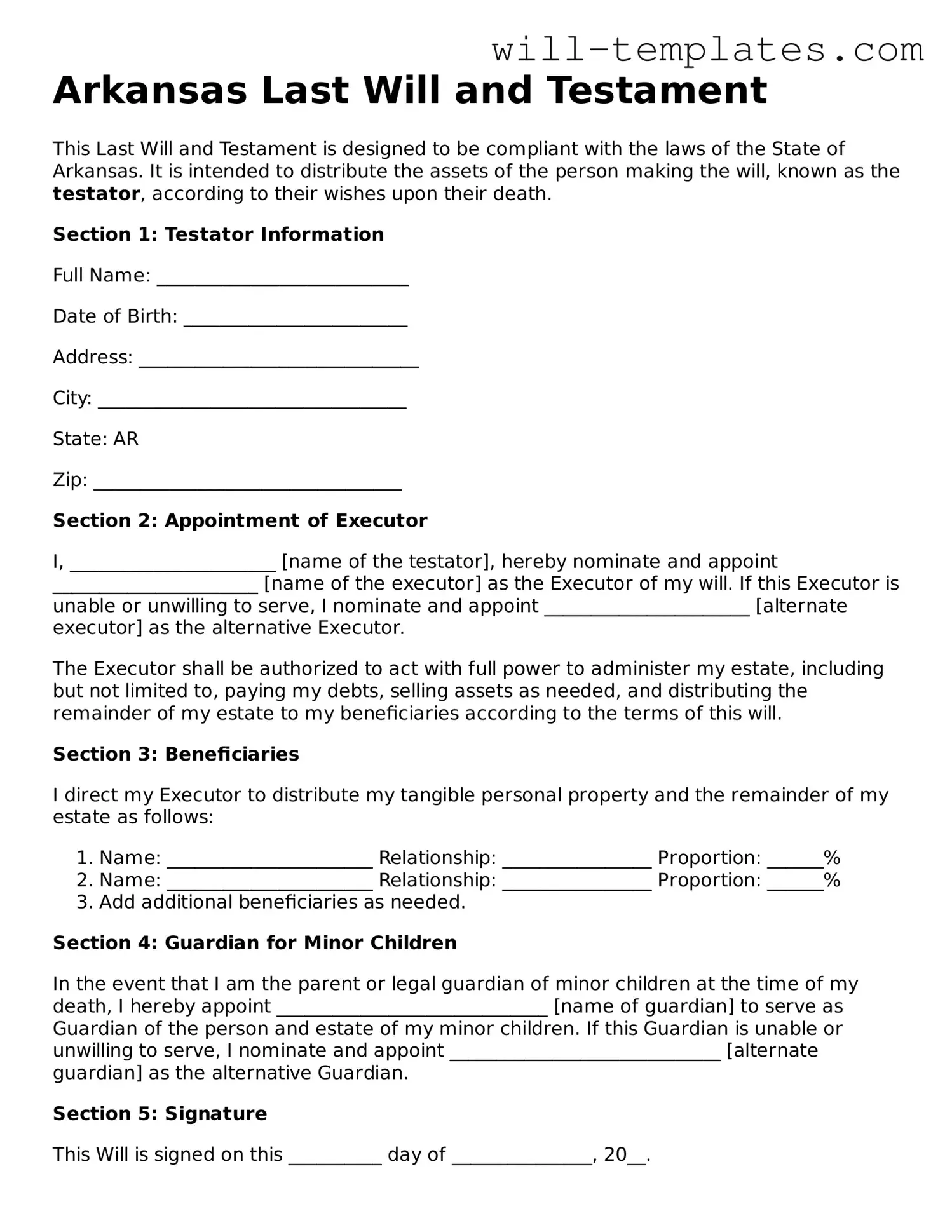 Official  Last Will and Testament Template for Arkansas