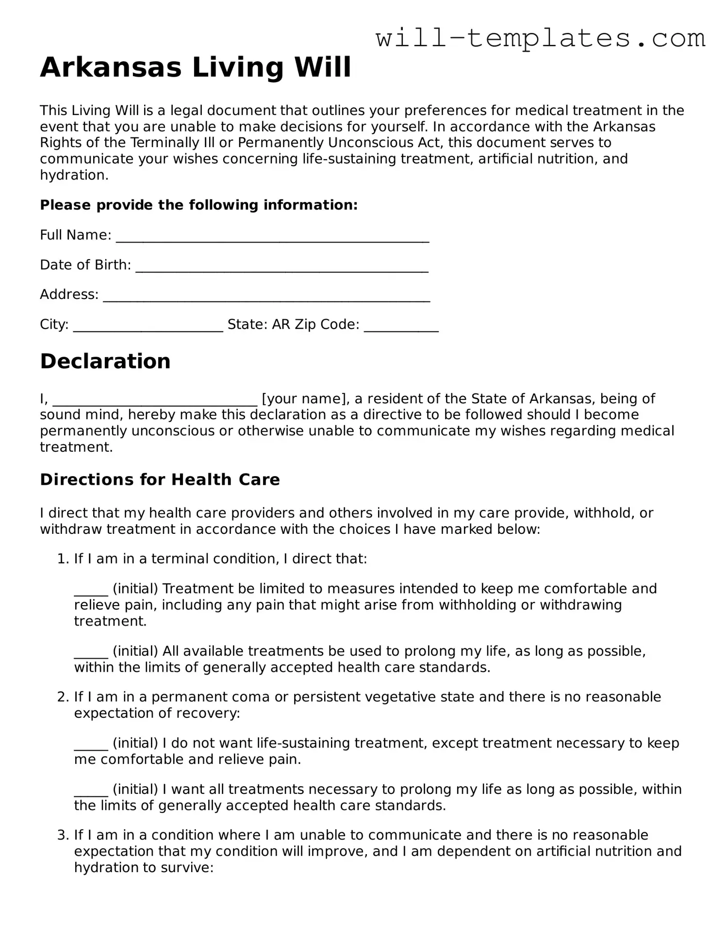 Official  Living Will Template for Arkansas