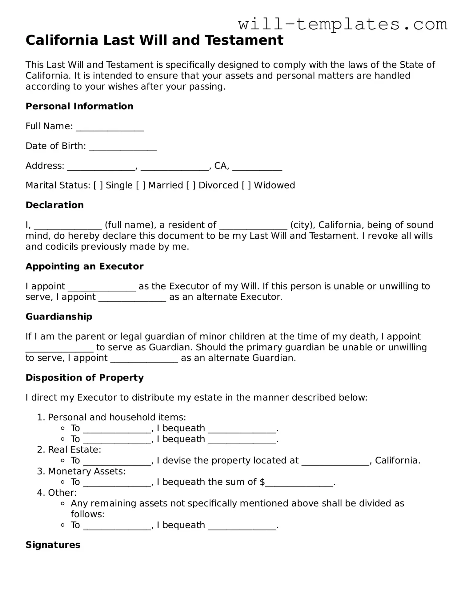 Official  Last Will and Testament Template for California