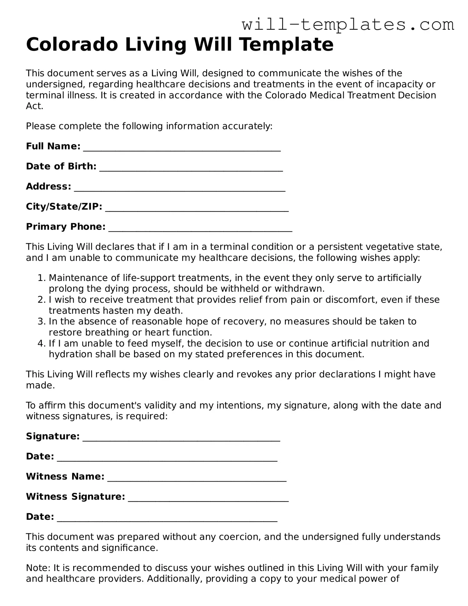 Official  Living Will Template for Colorado