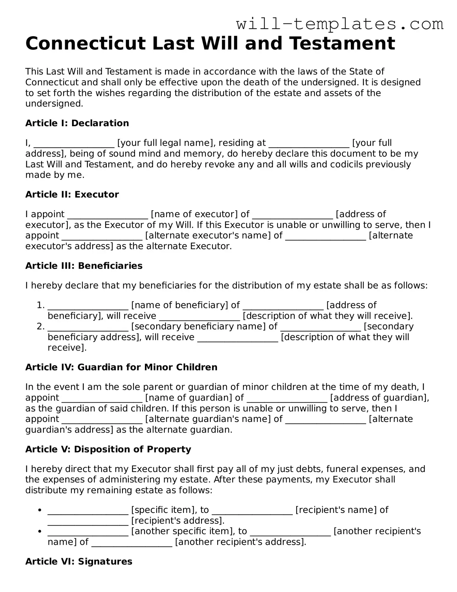 Official  Last Will and Testament Template for Connecticut