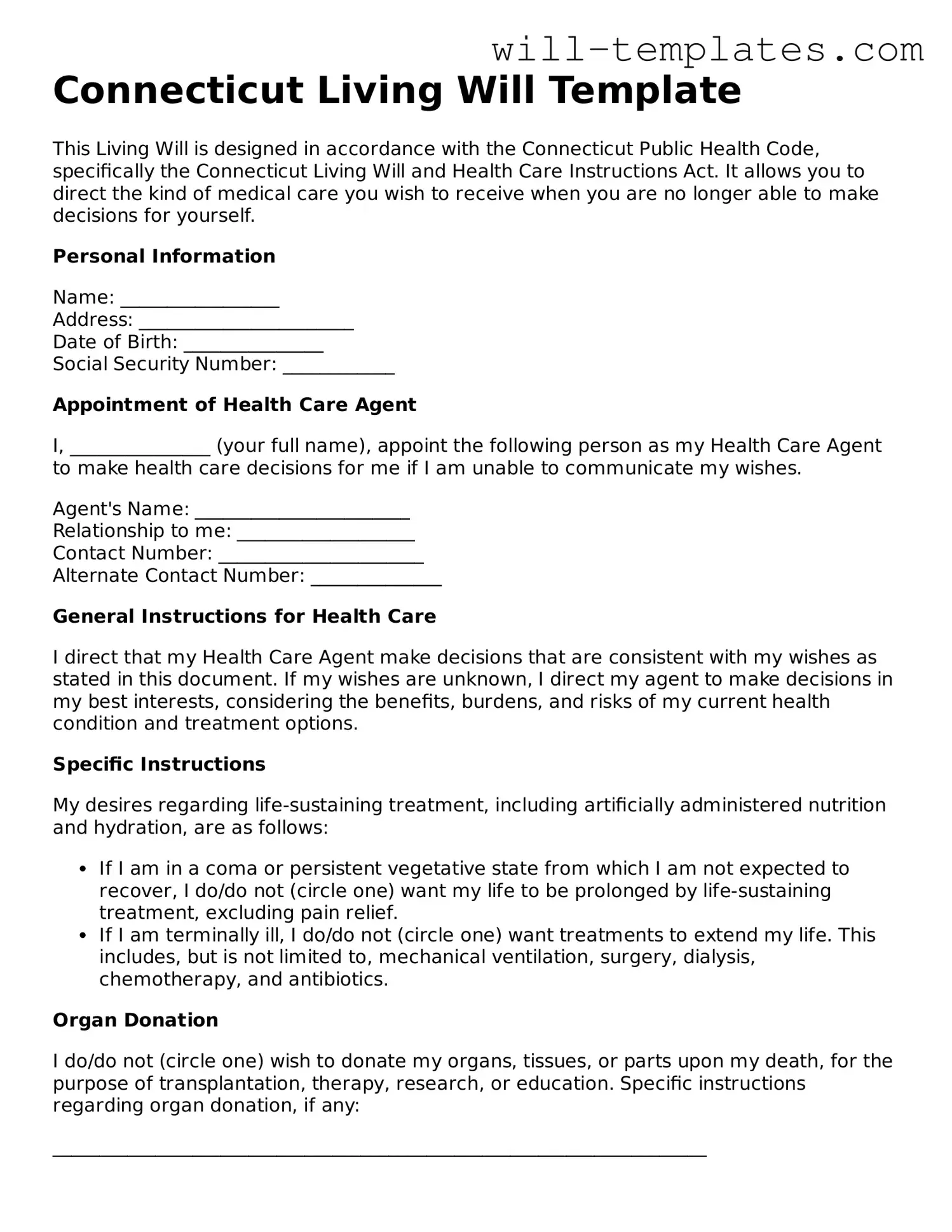 Official  Living Will Template for Connecticut
