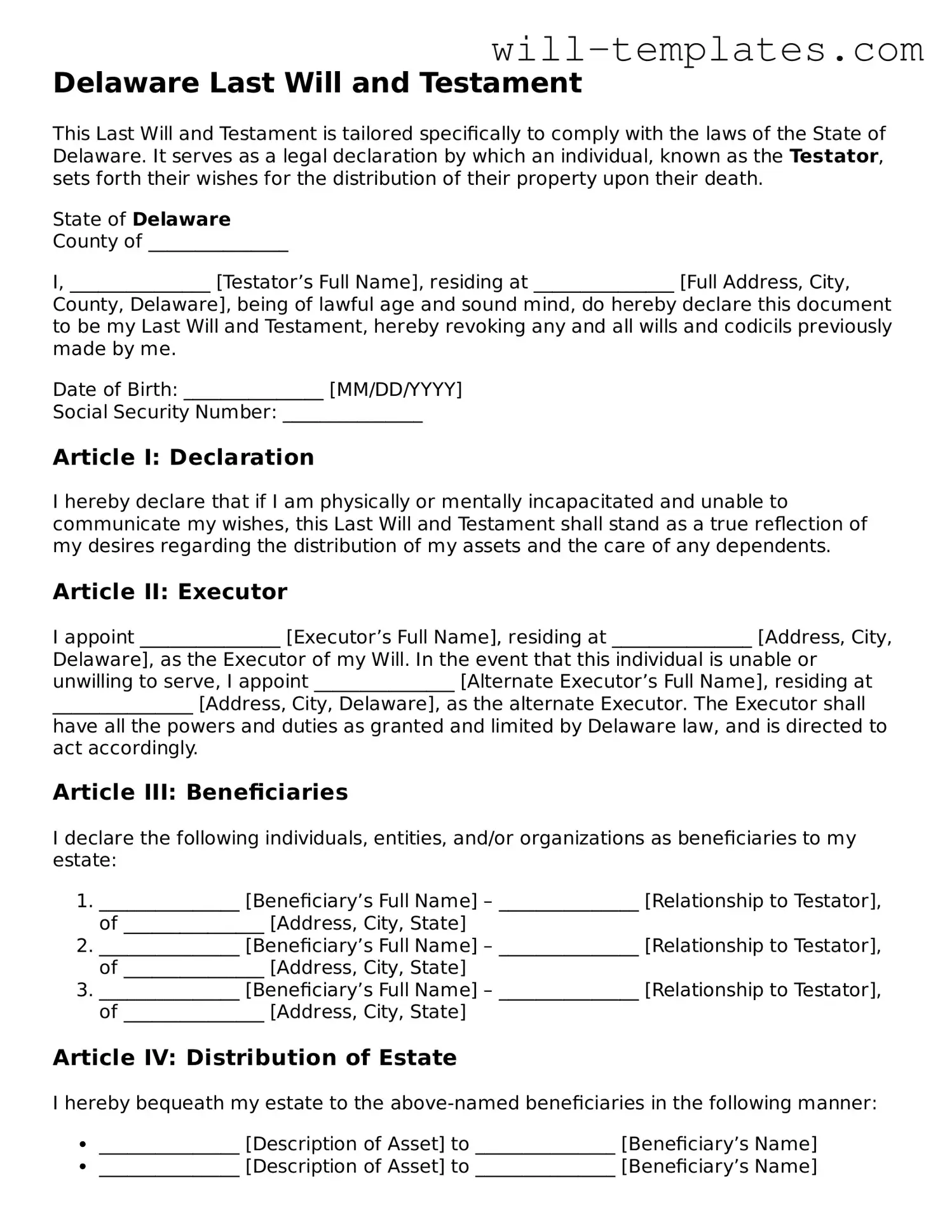 Official  Last Will and Testament Template for Delaware