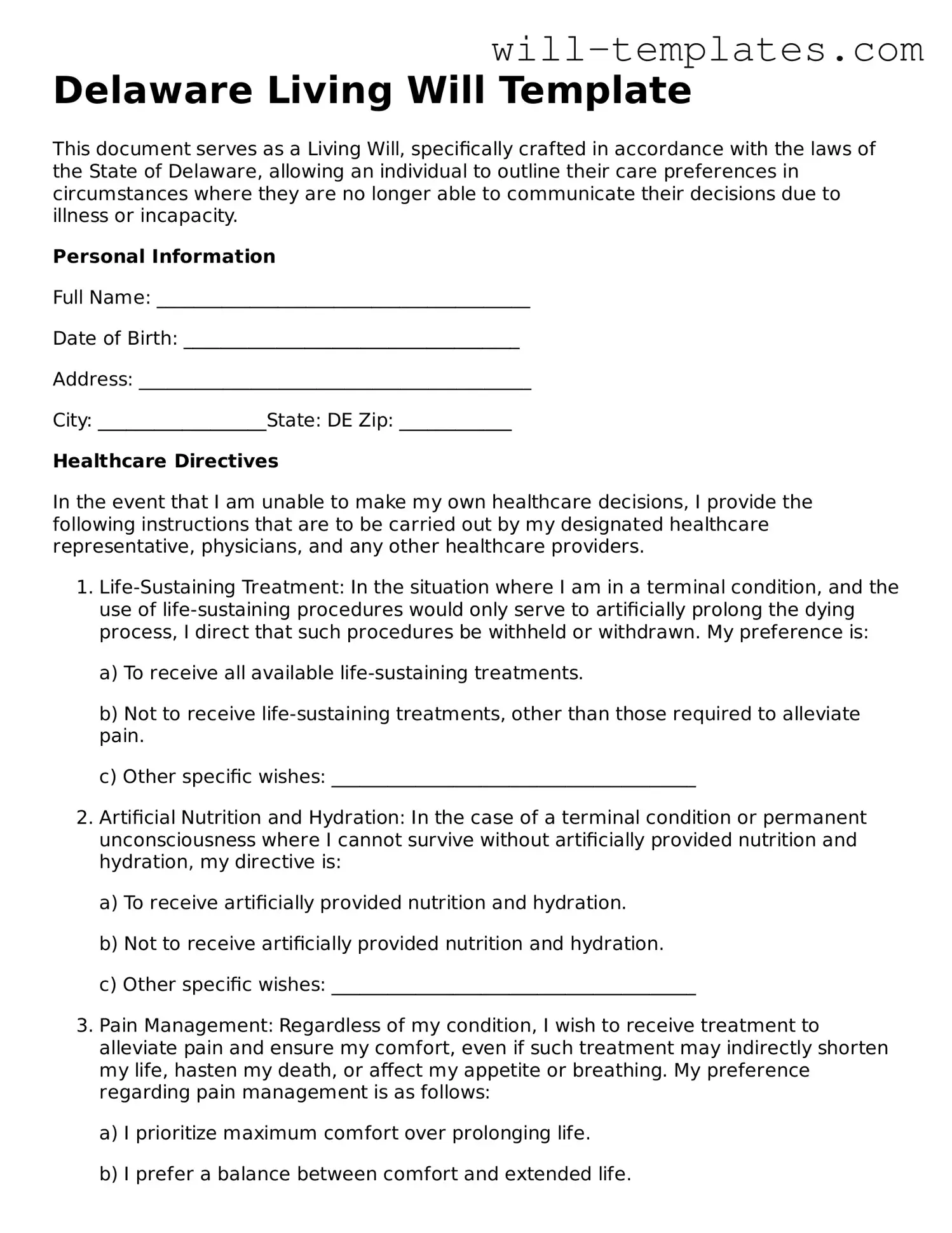 Official  Living Will Template for Delaware