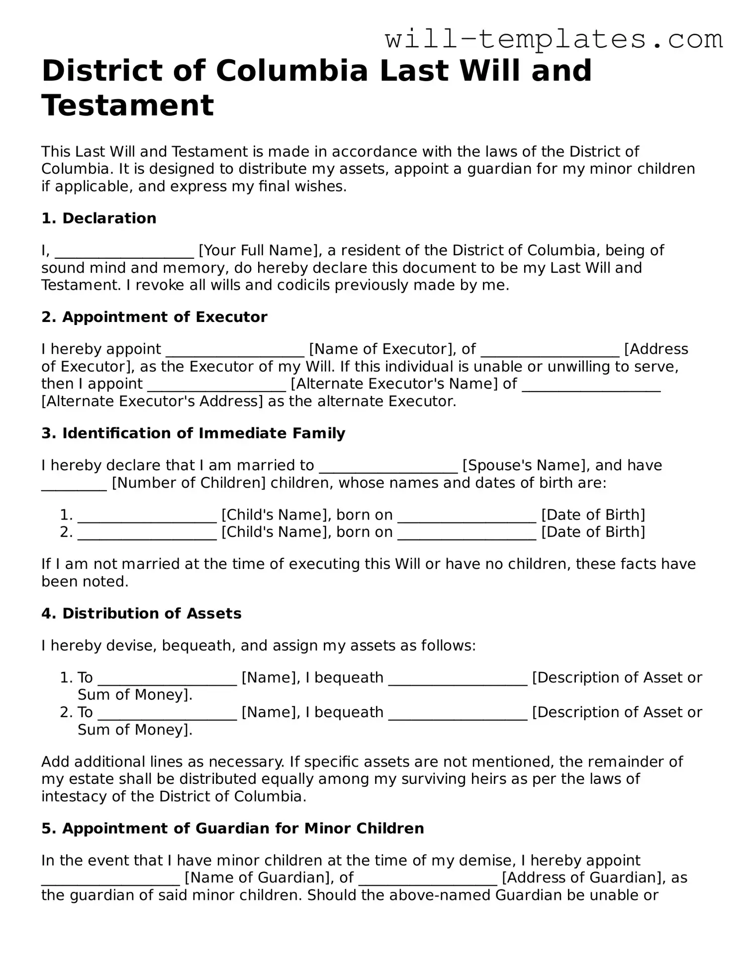 Official  Last Will and Testament Template for District of Columbia