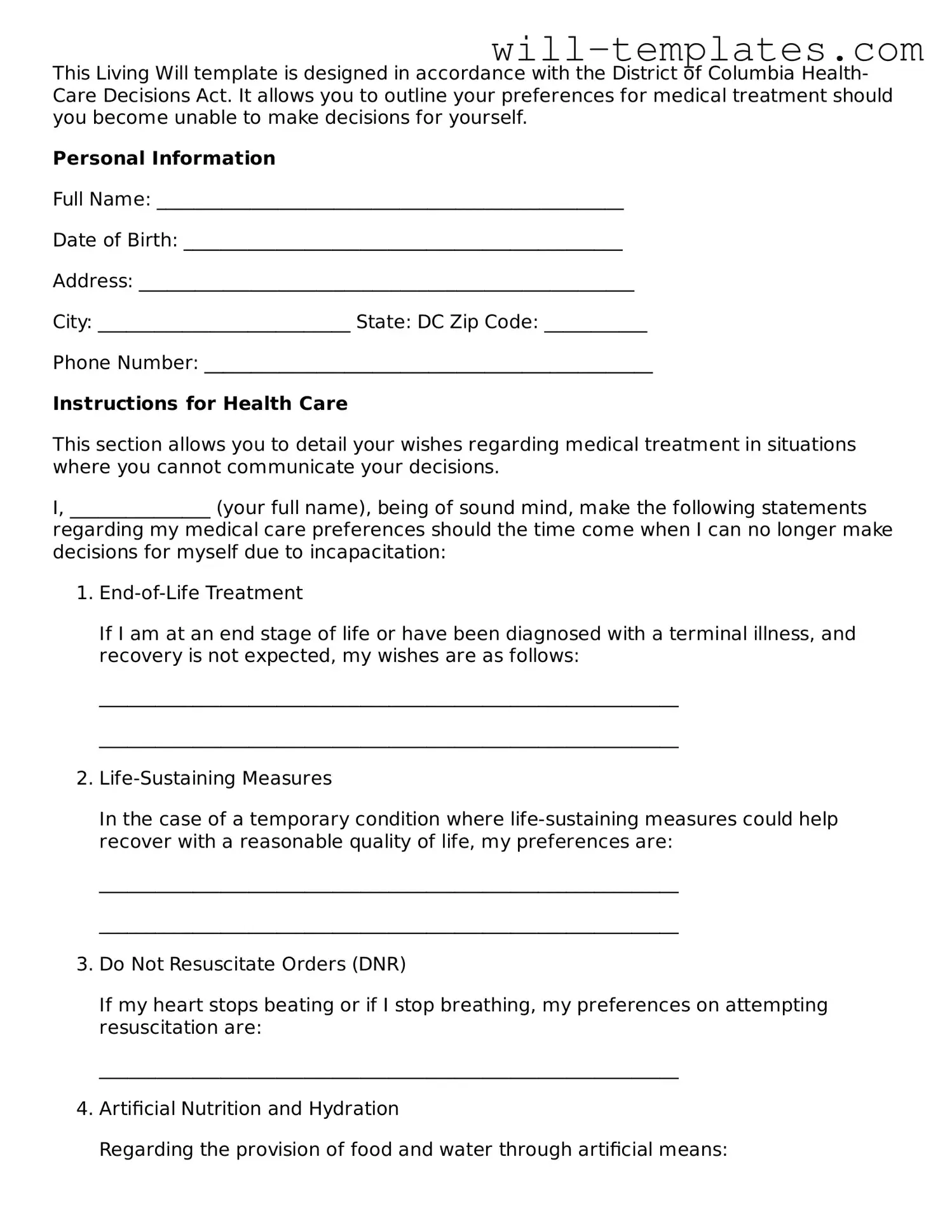 Official  Living Will Template for District of Columbia