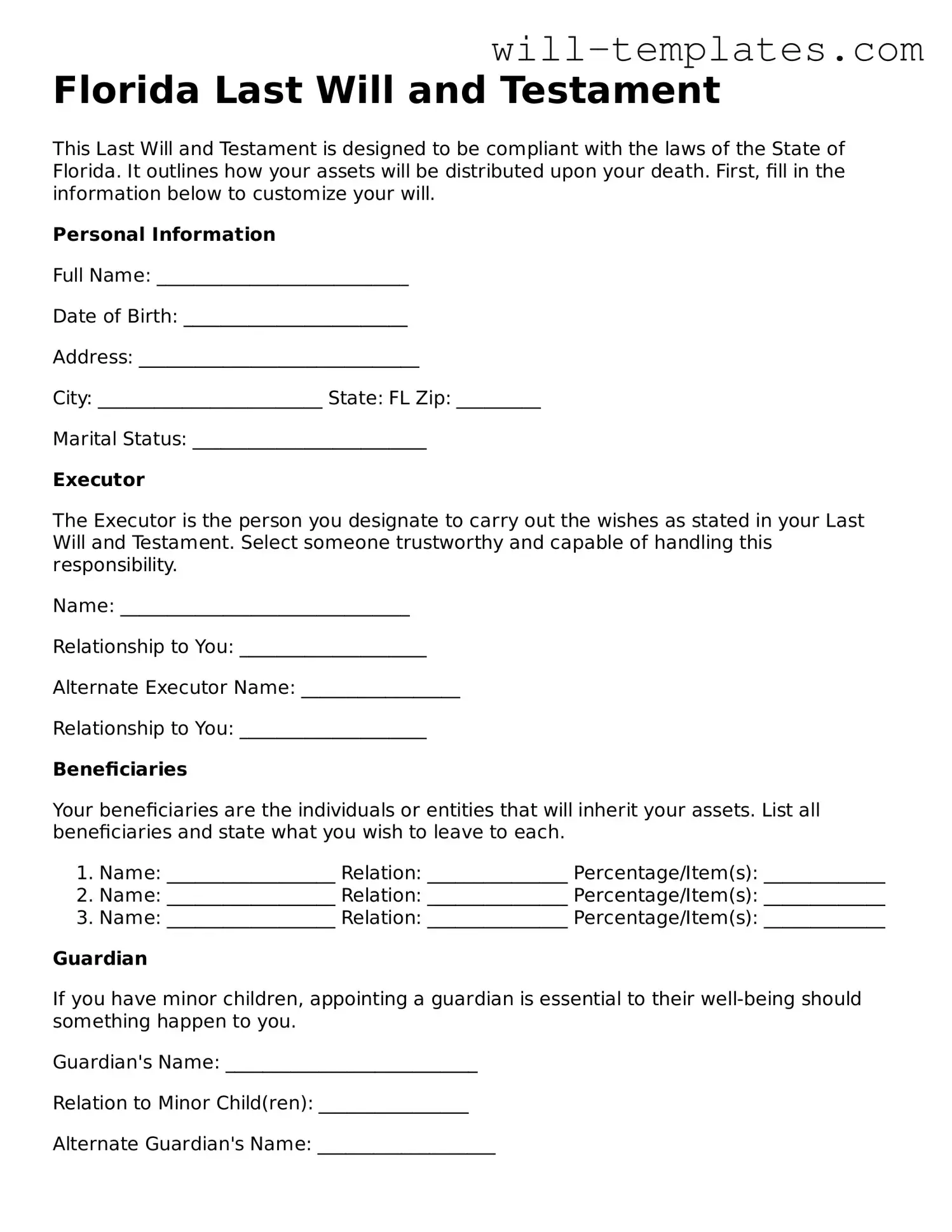 Official  Last Will and Testament Template for Florida