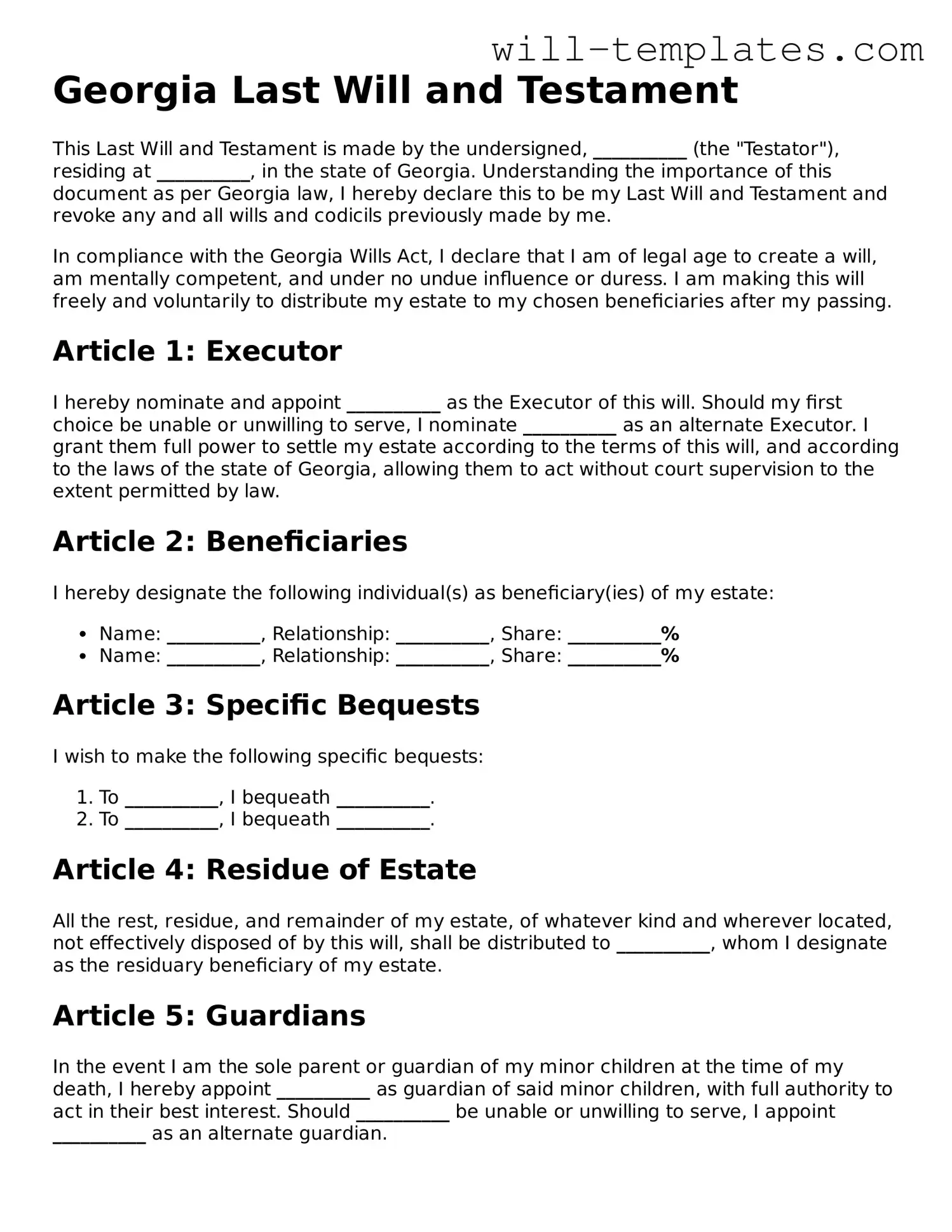 Official  Last Will and Testament Template for Georgia