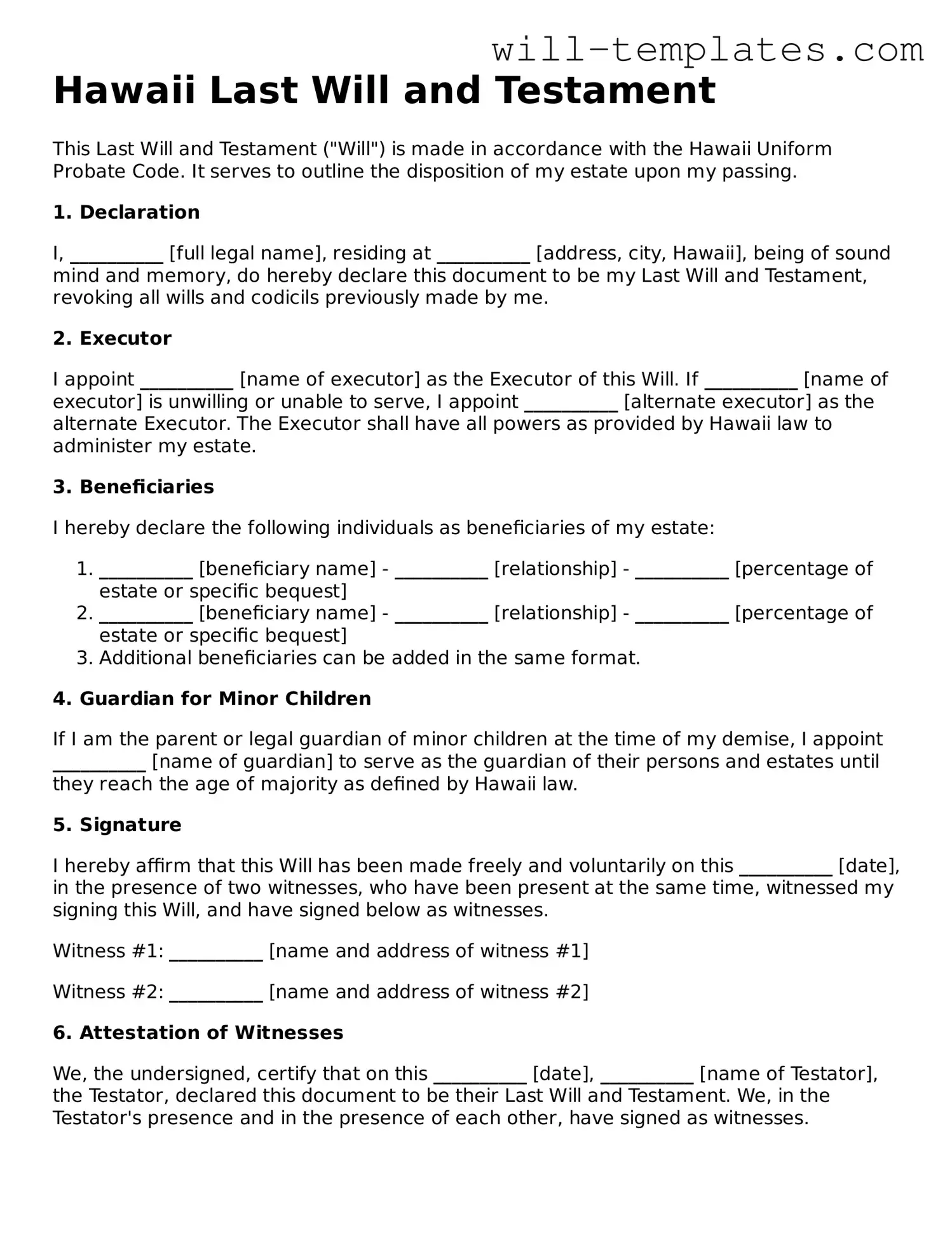 Official  Last Will and Testament Template for Hawaii