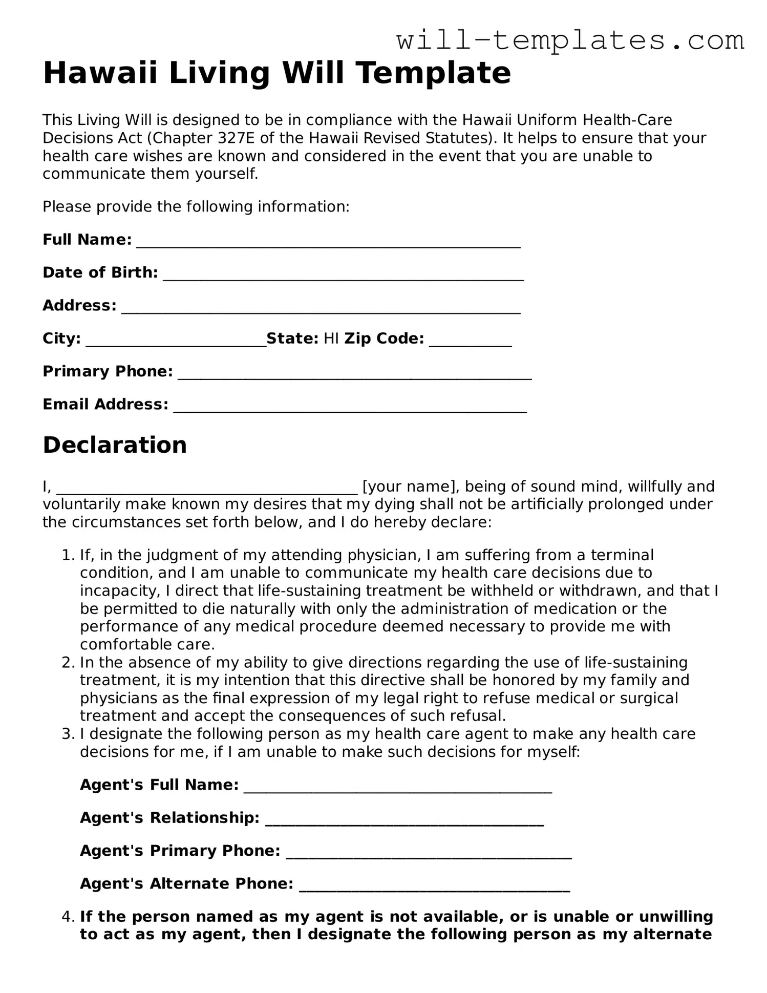 Official  Living Will Template for Hawaii
