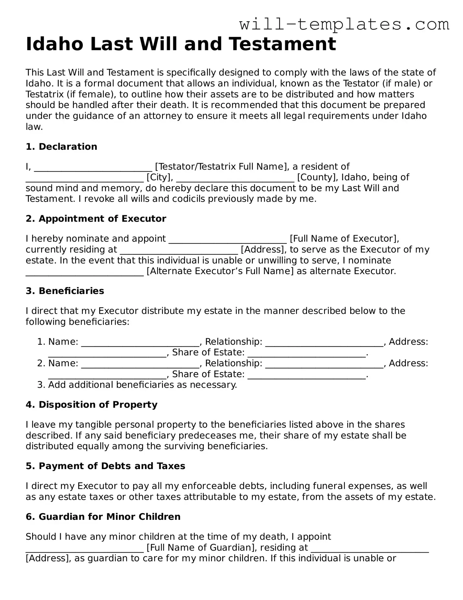Official  Last Will and Testament Template for Idaho
