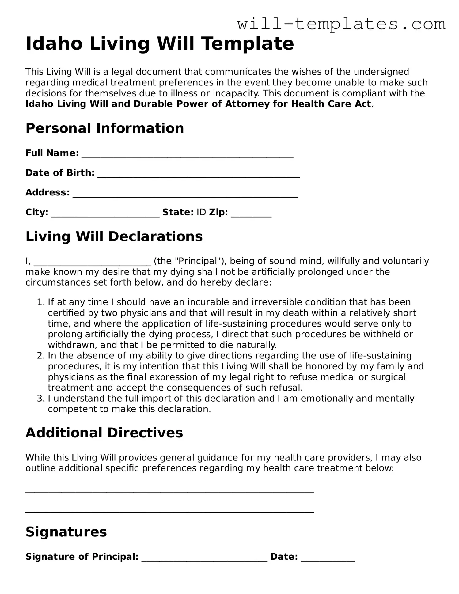 Official  Living Will Template for Idaho