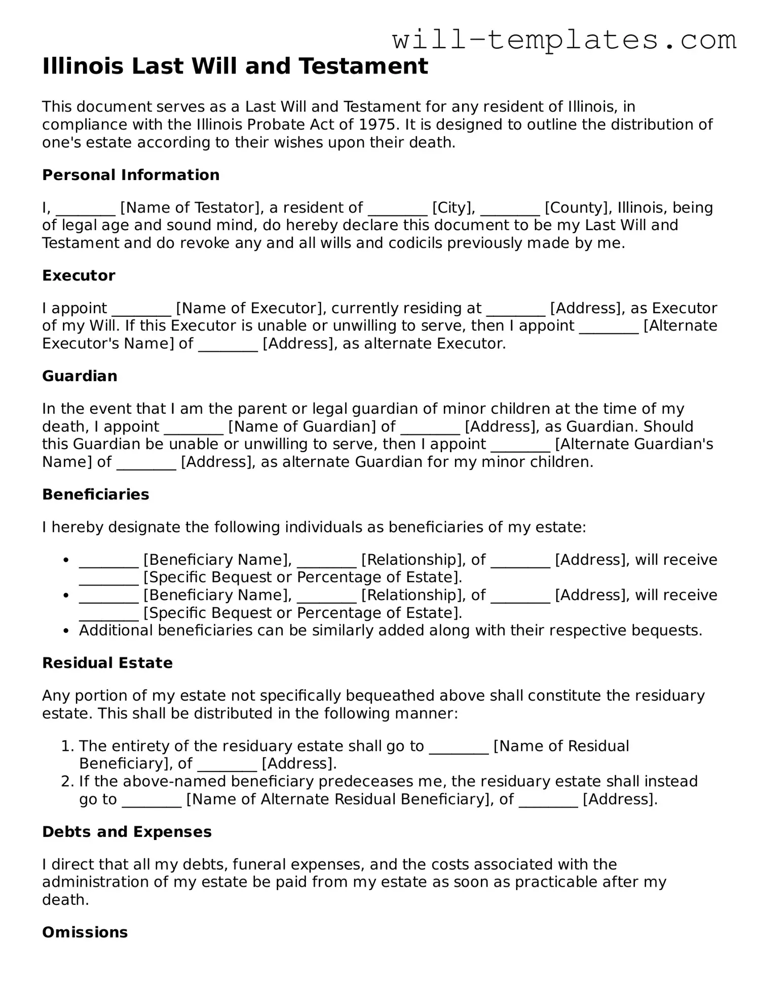 Official  Last Will and Testament Template for Illinois