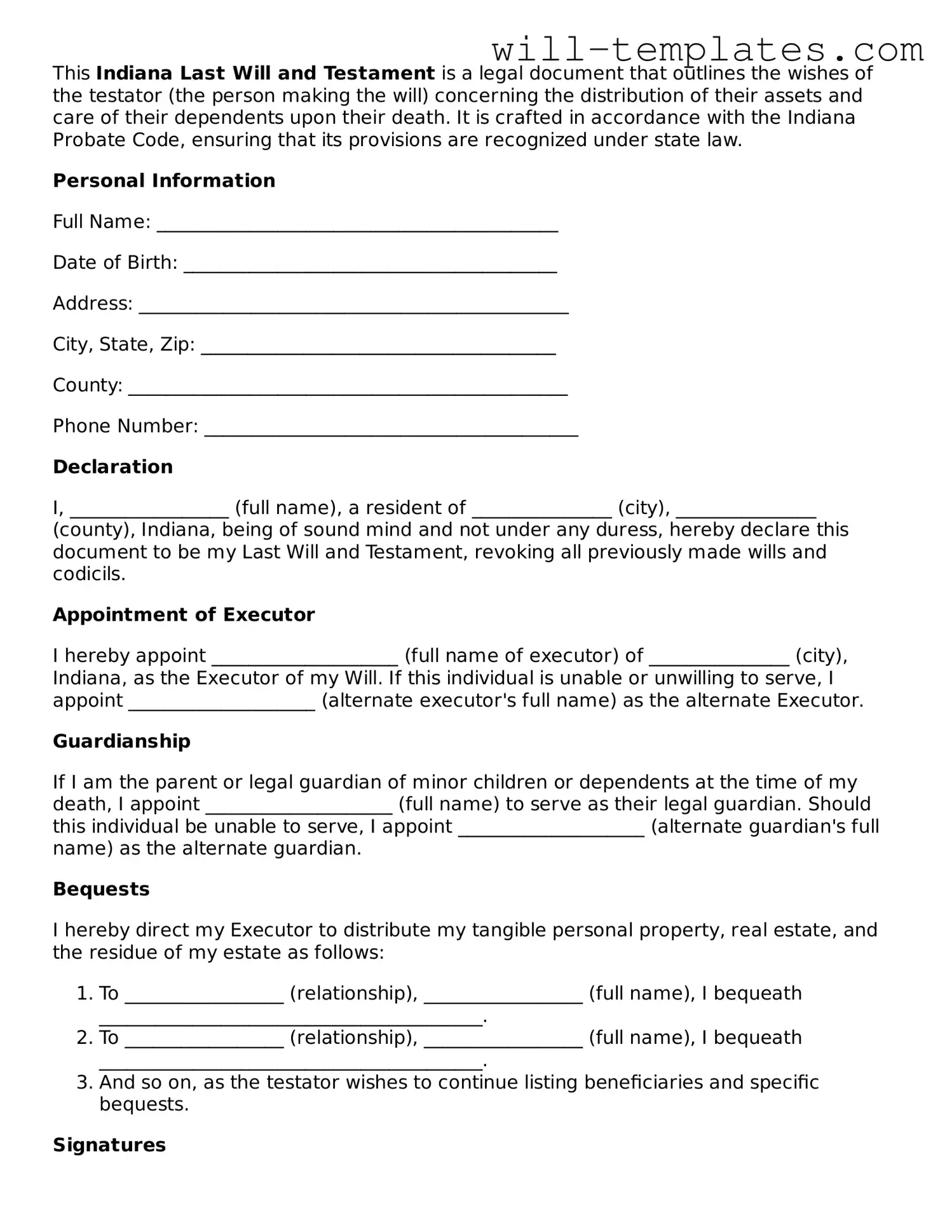 Official  Last Will and Testament Template for Indiana