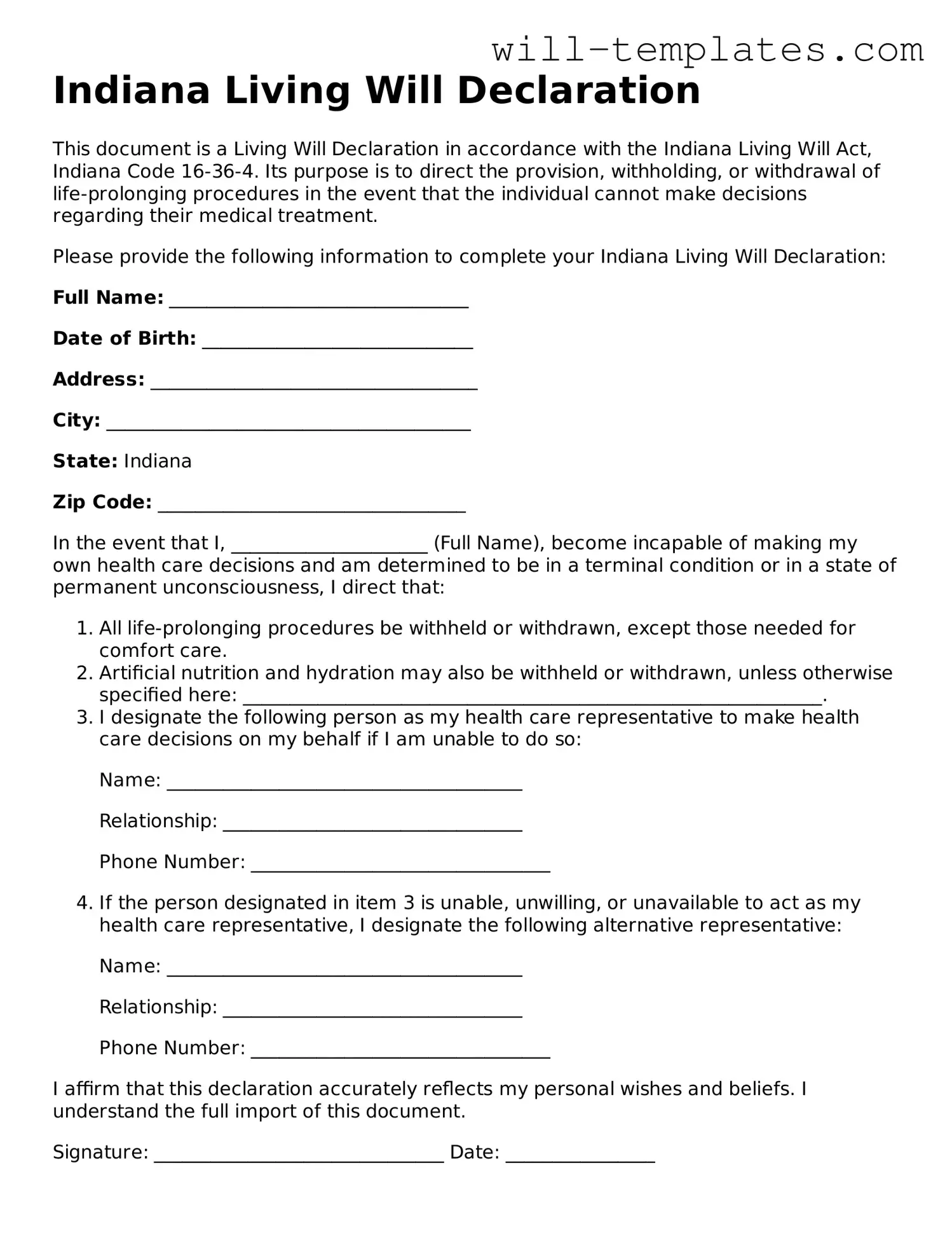 Official  Living Will Template for Indiana