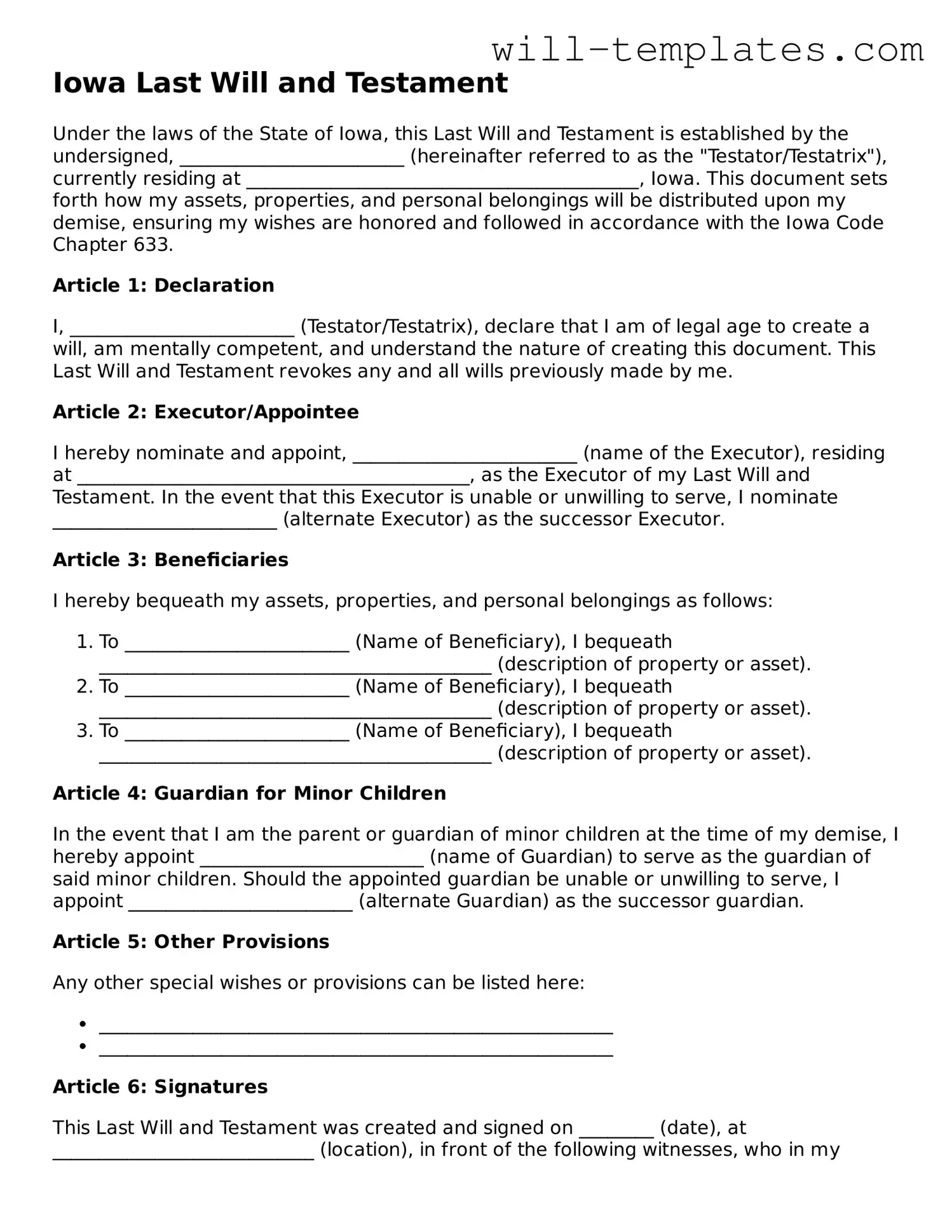 Official  Last Will and Testament Template for Iowa