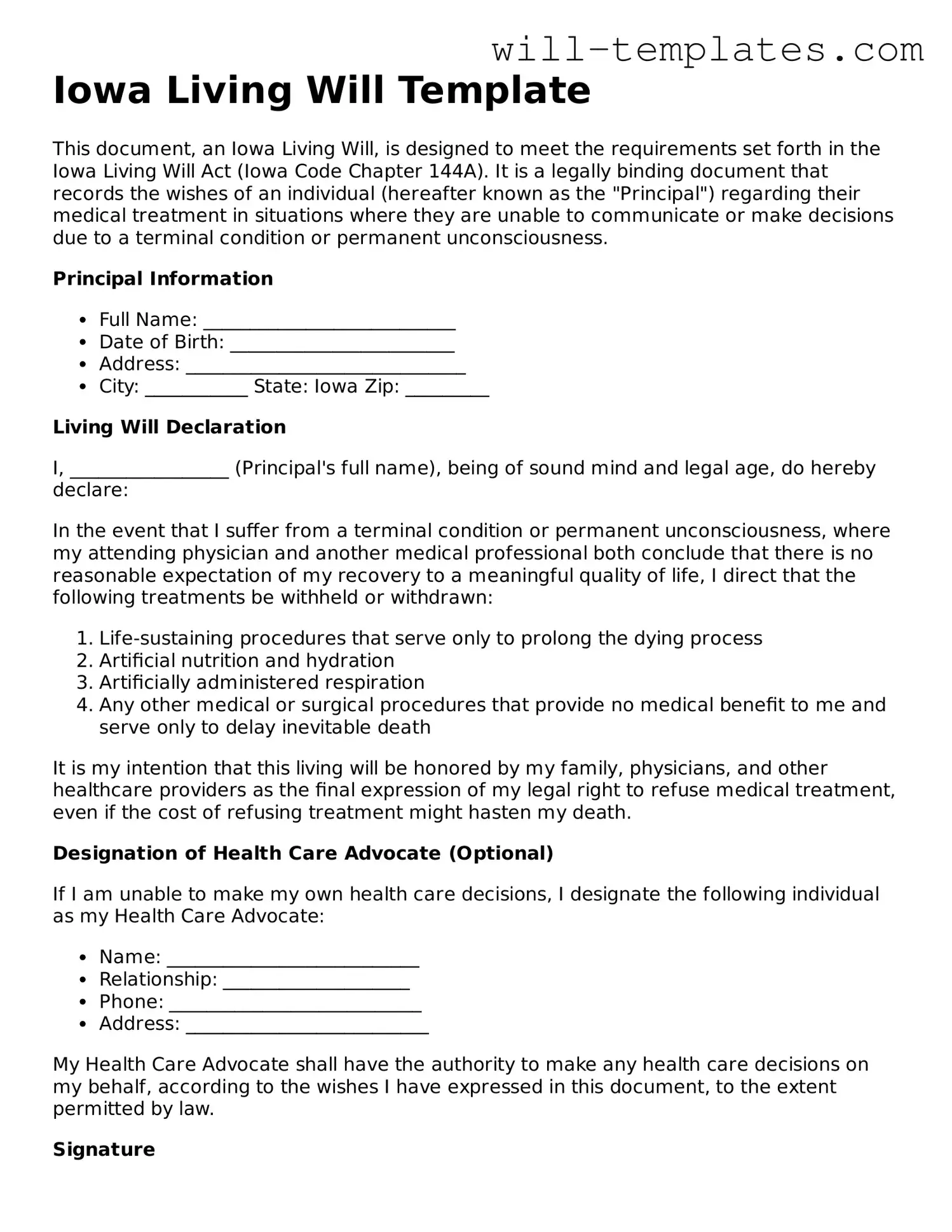 Official  Living Will Template for Iowa