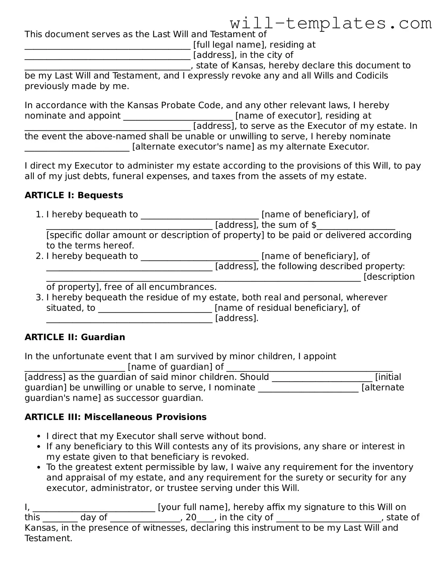 Official  Last Will and Testament Template for Kansas