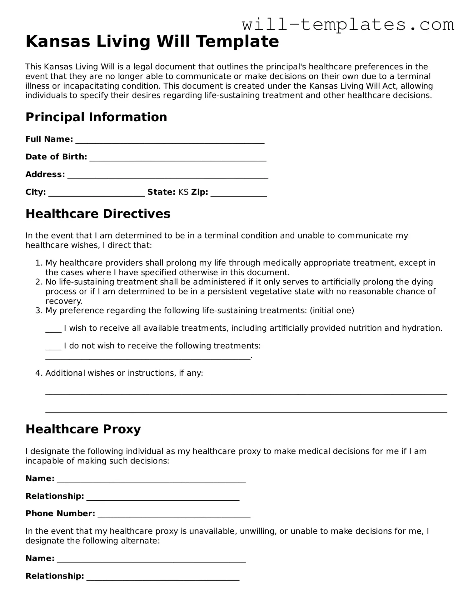 Official  Living Will Template for Kansas