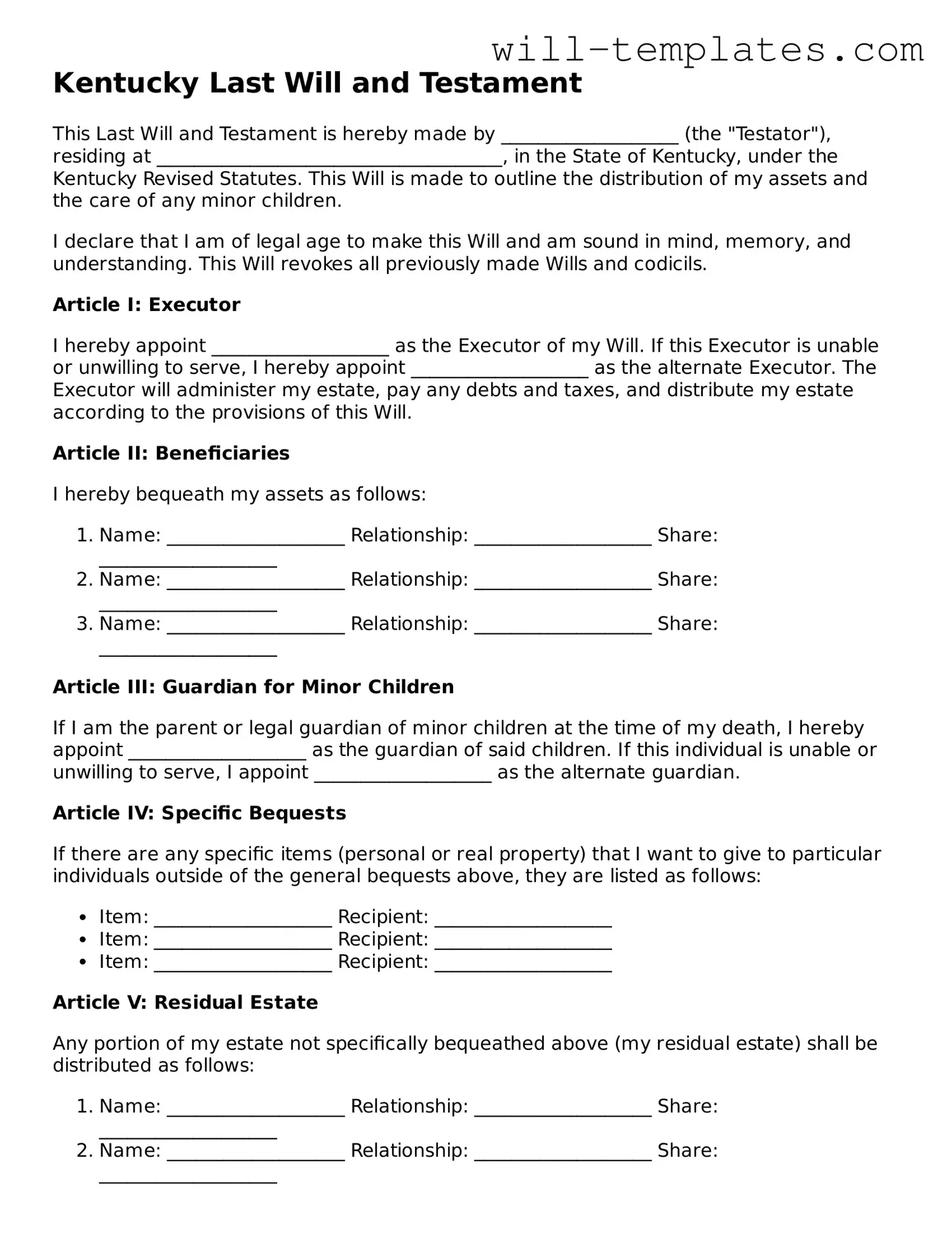 Official  Last Will and Testament Template for Kentucky