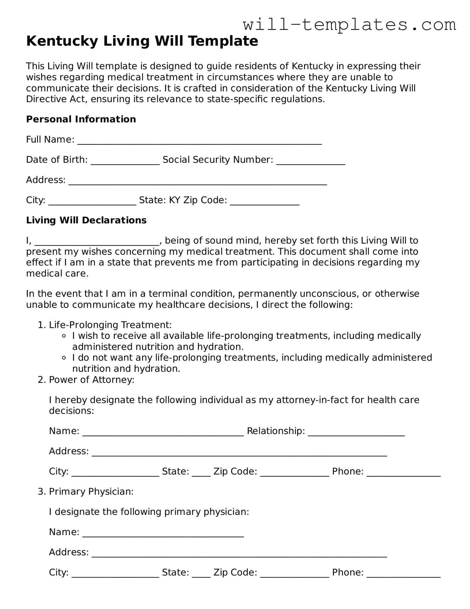Official  Living Will Template for Kentucky