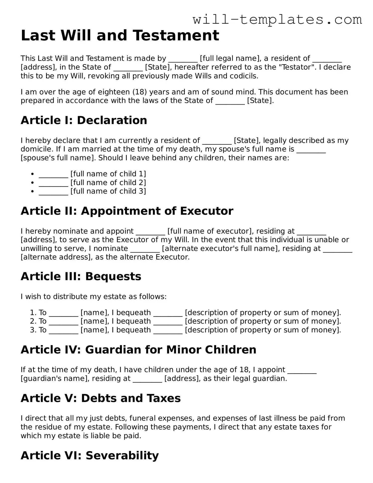 Printable Last Will and Testament Document