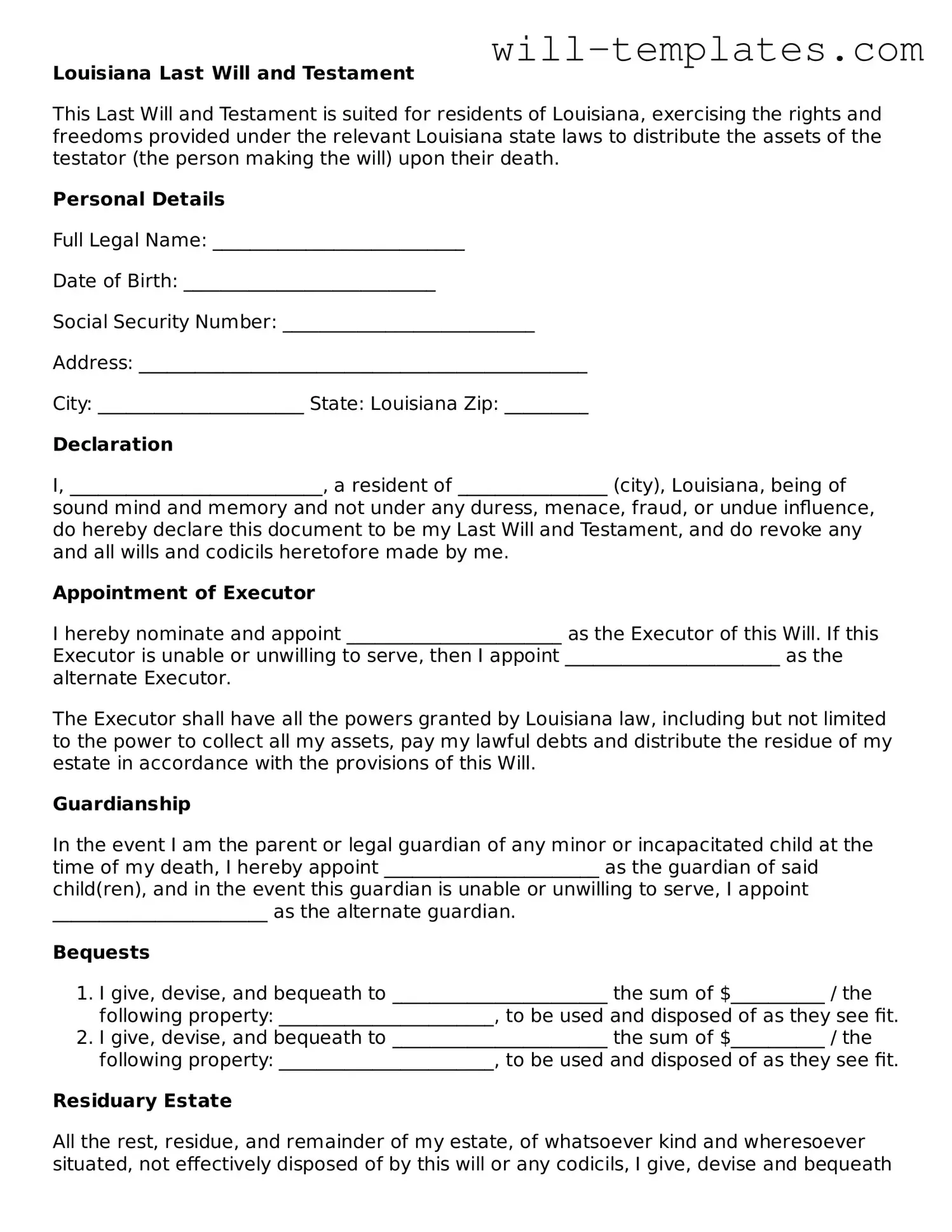 Official  Last Will and Testament Template for Louisiana