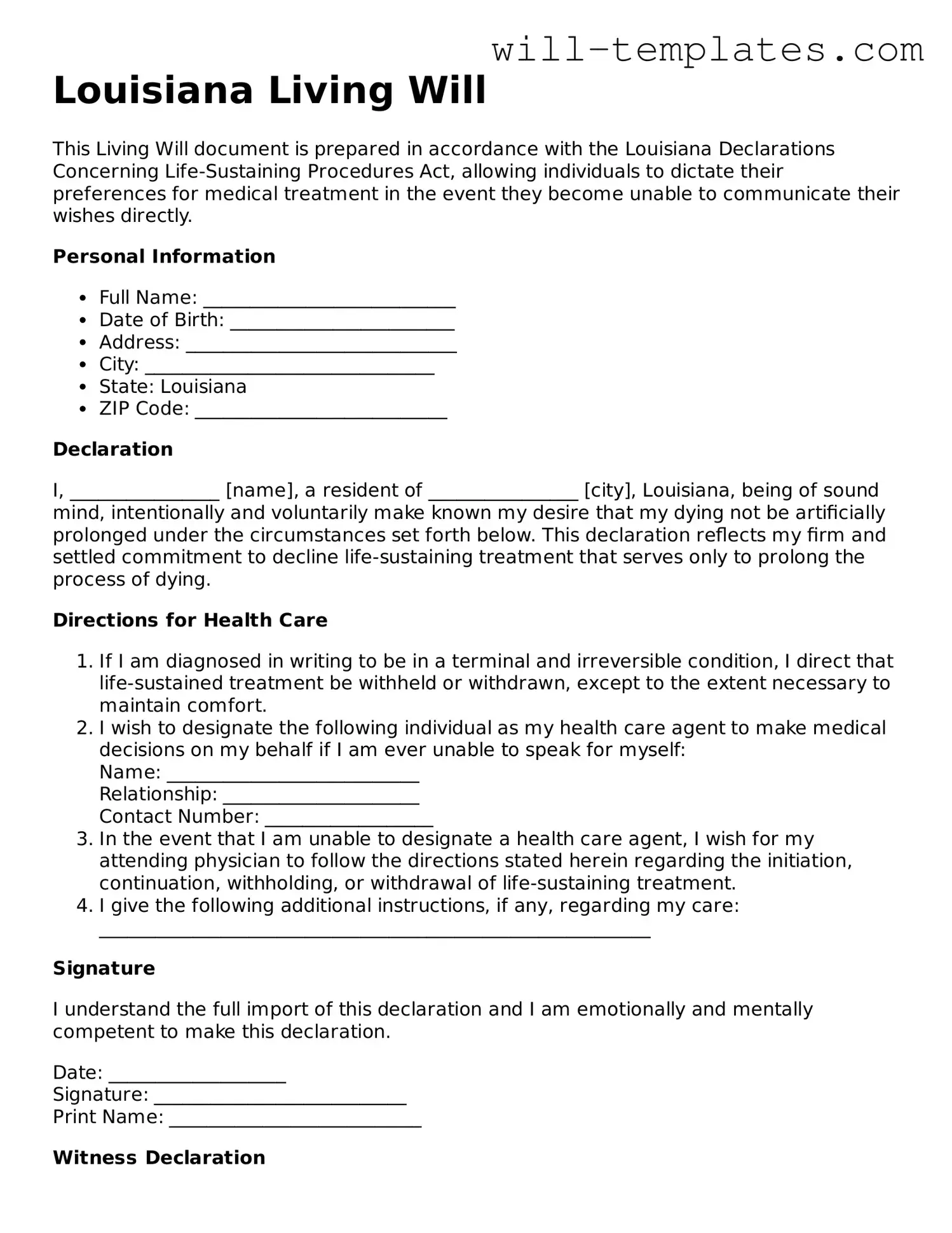 Official  Living Will Template for Louisiana