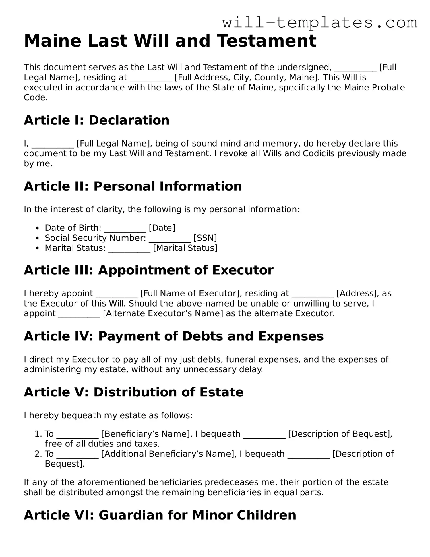 Official  Last Will and Testament Template for Maine
