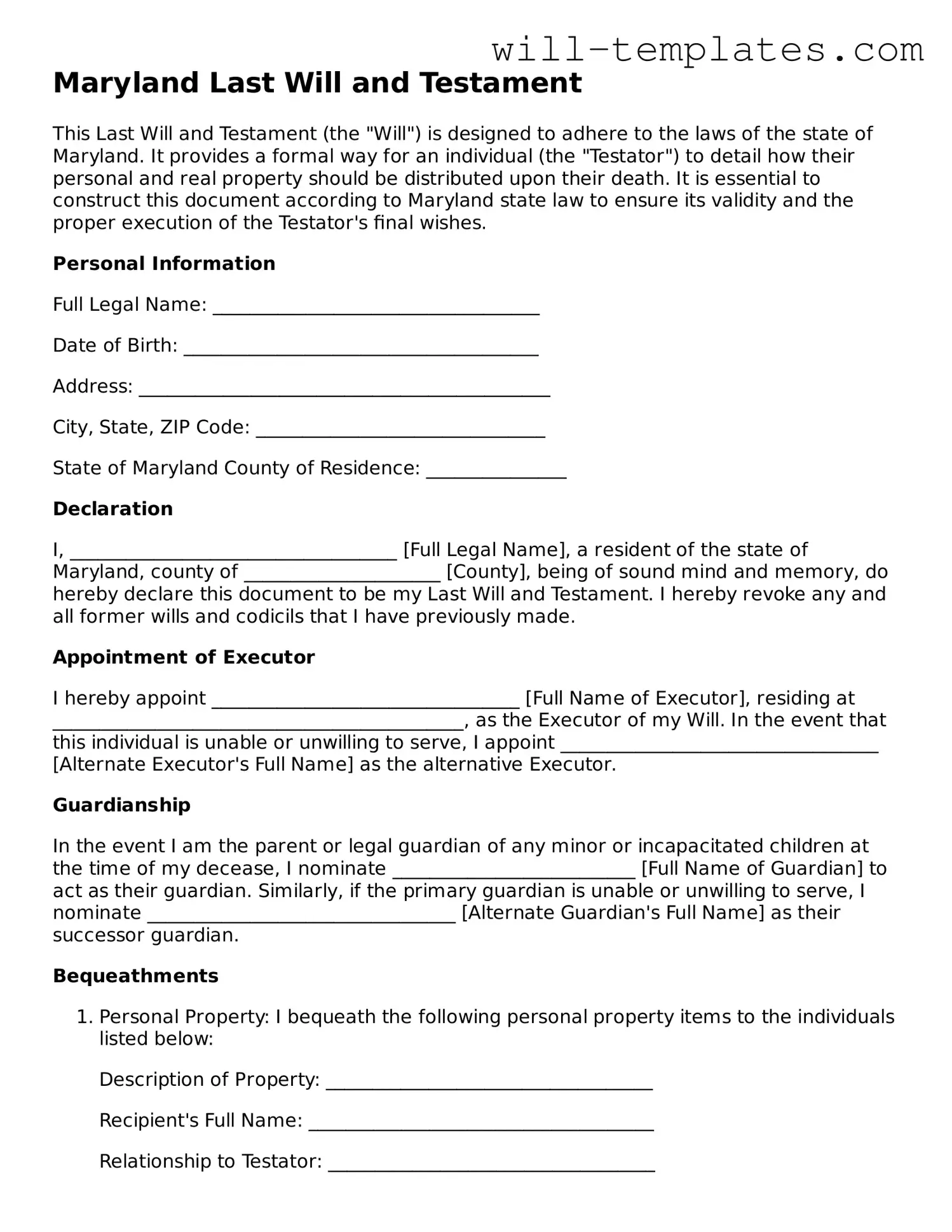 Official  Last Will and Testament Template for Maryland