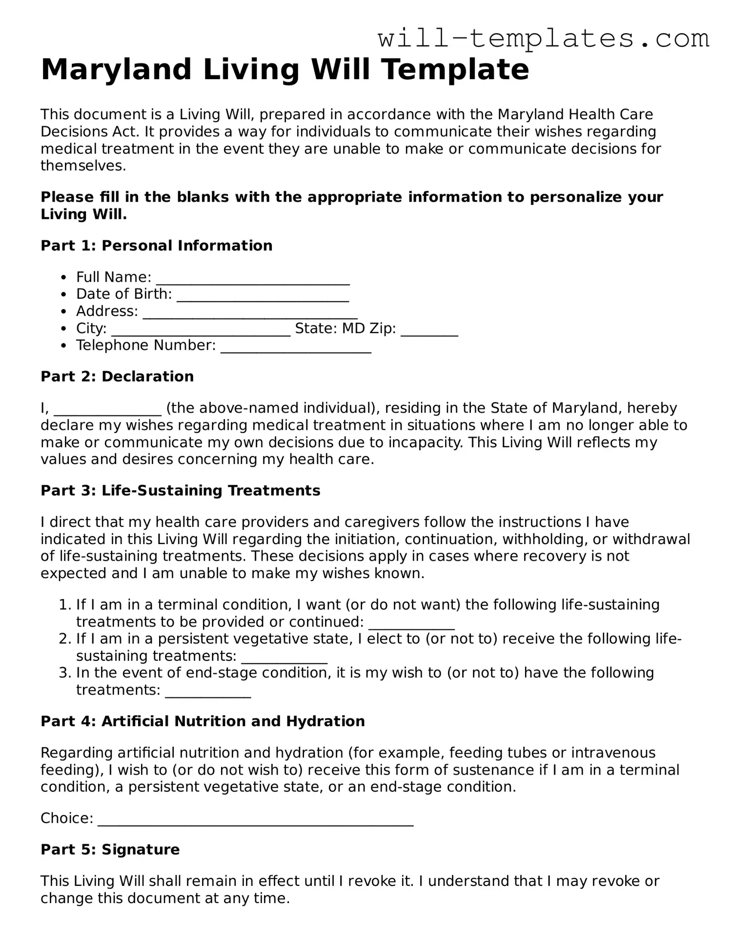 Official  Living Will Template for Maryland