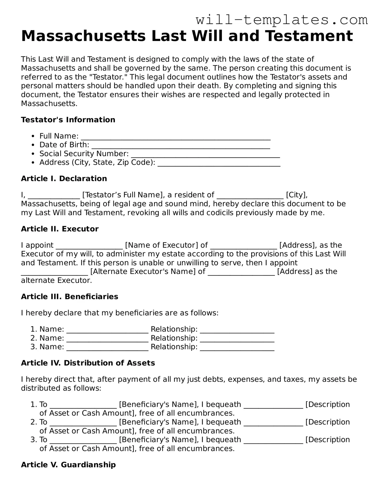 Official  Last Will and Testament Template for Massachusetts