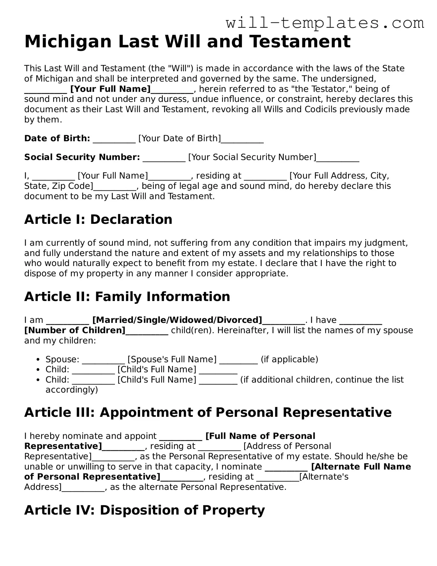 Official  Last Will and Testament Template for Michigan