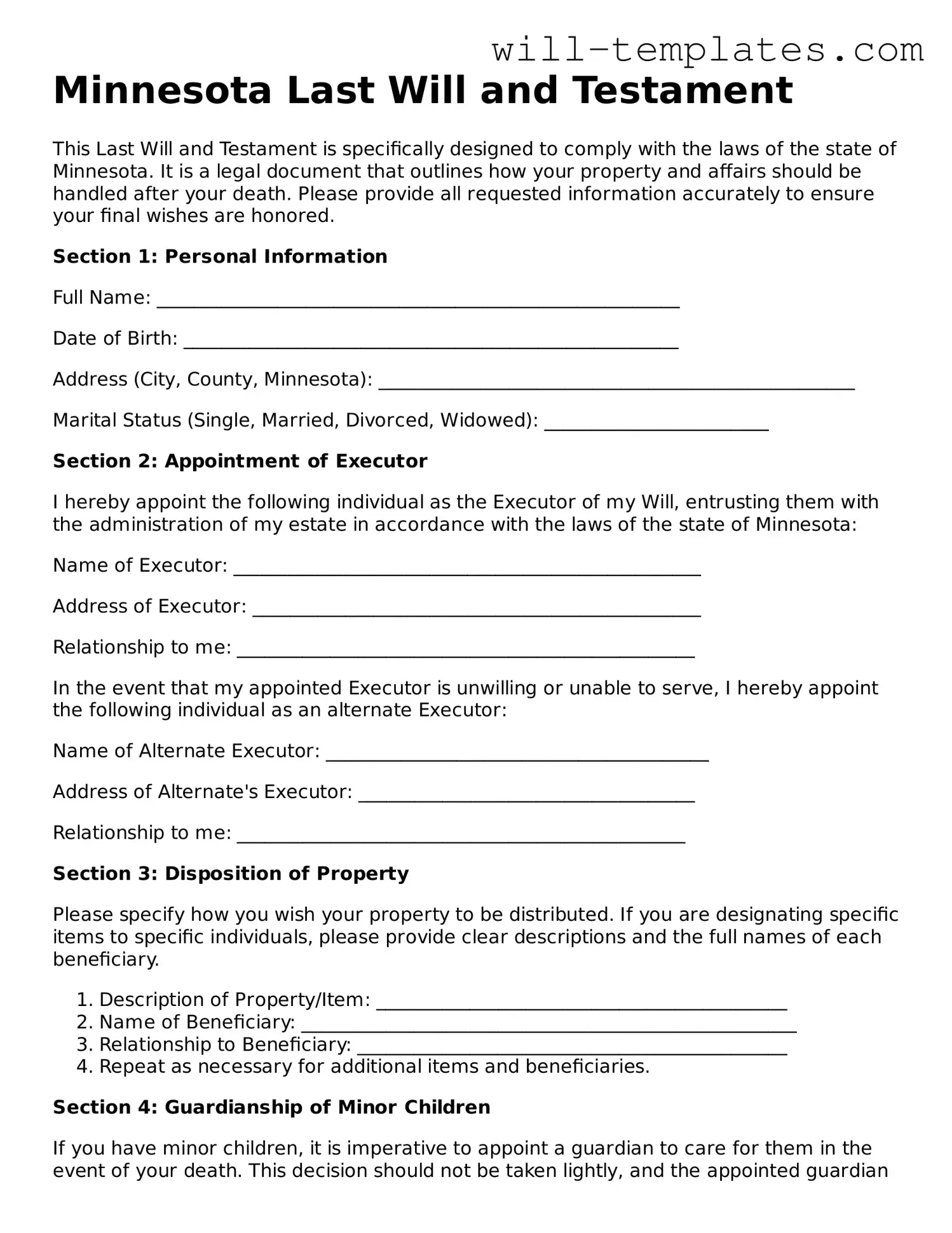 Official  Last Will and Testament Template for Minnesota