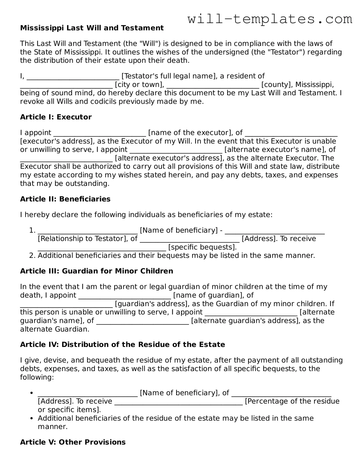 Official  Last Will and Testament Template for Mississippi