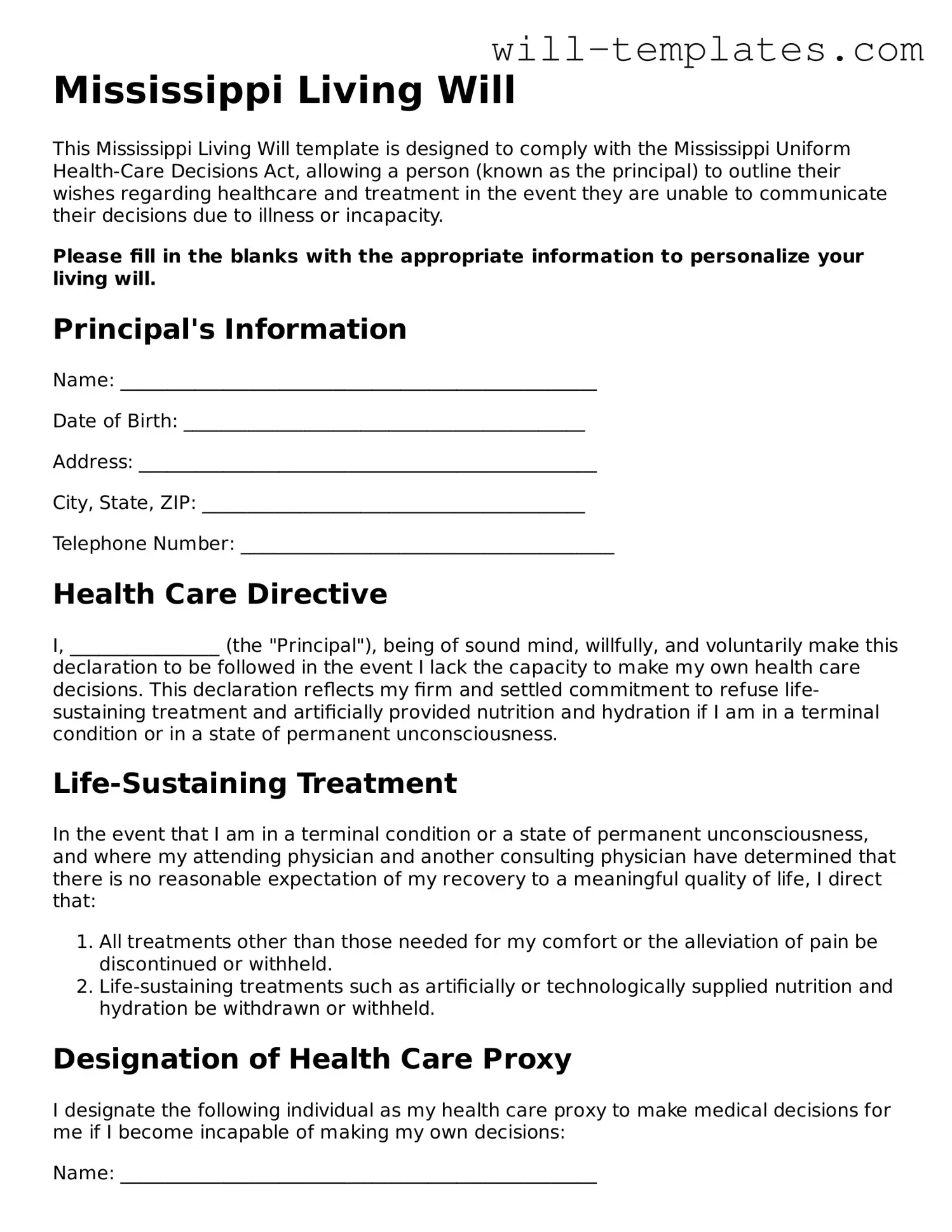 Official  Living Will Template for Mississippi