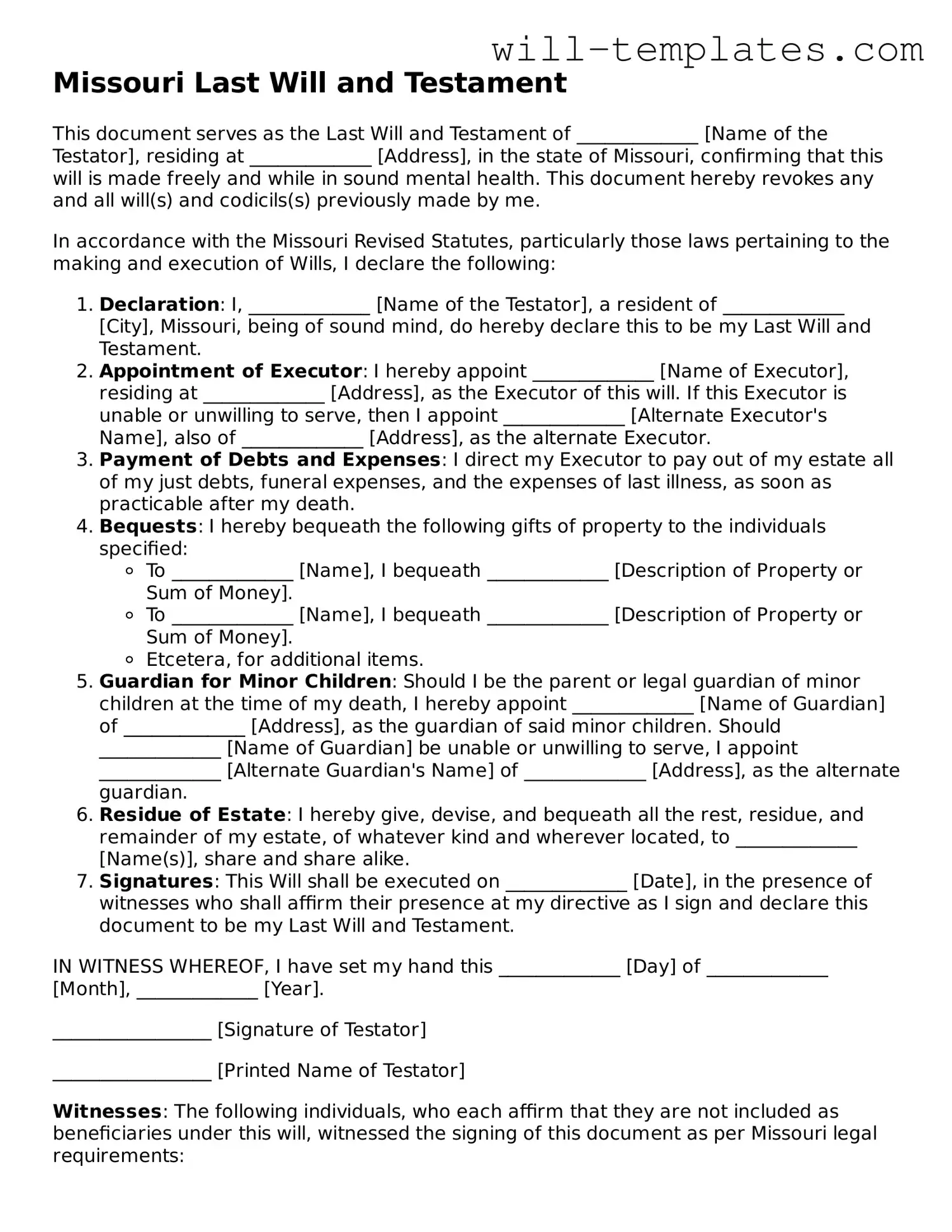 Official  Last Will and Testament Template for Missouri