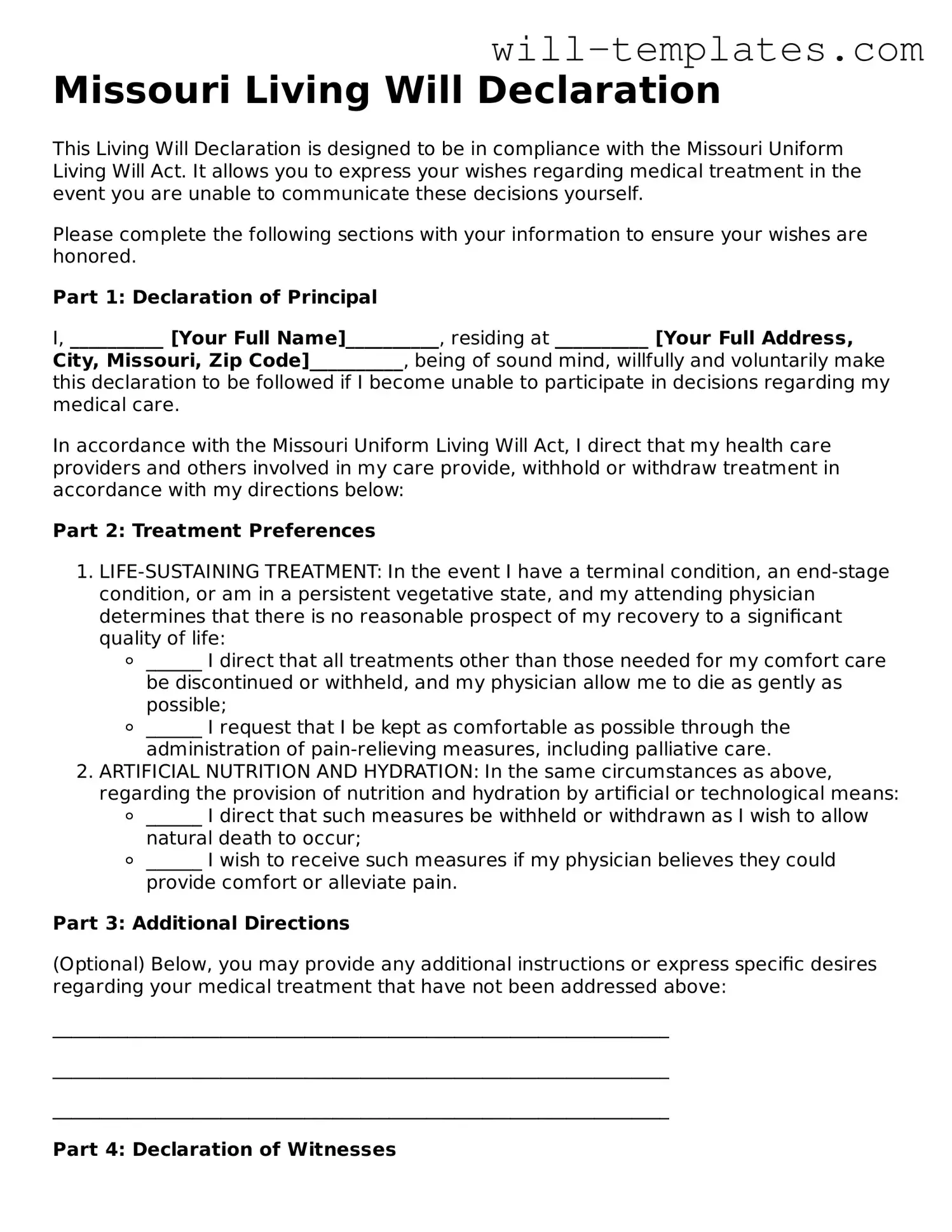 Official  Living Will Template for Missouri