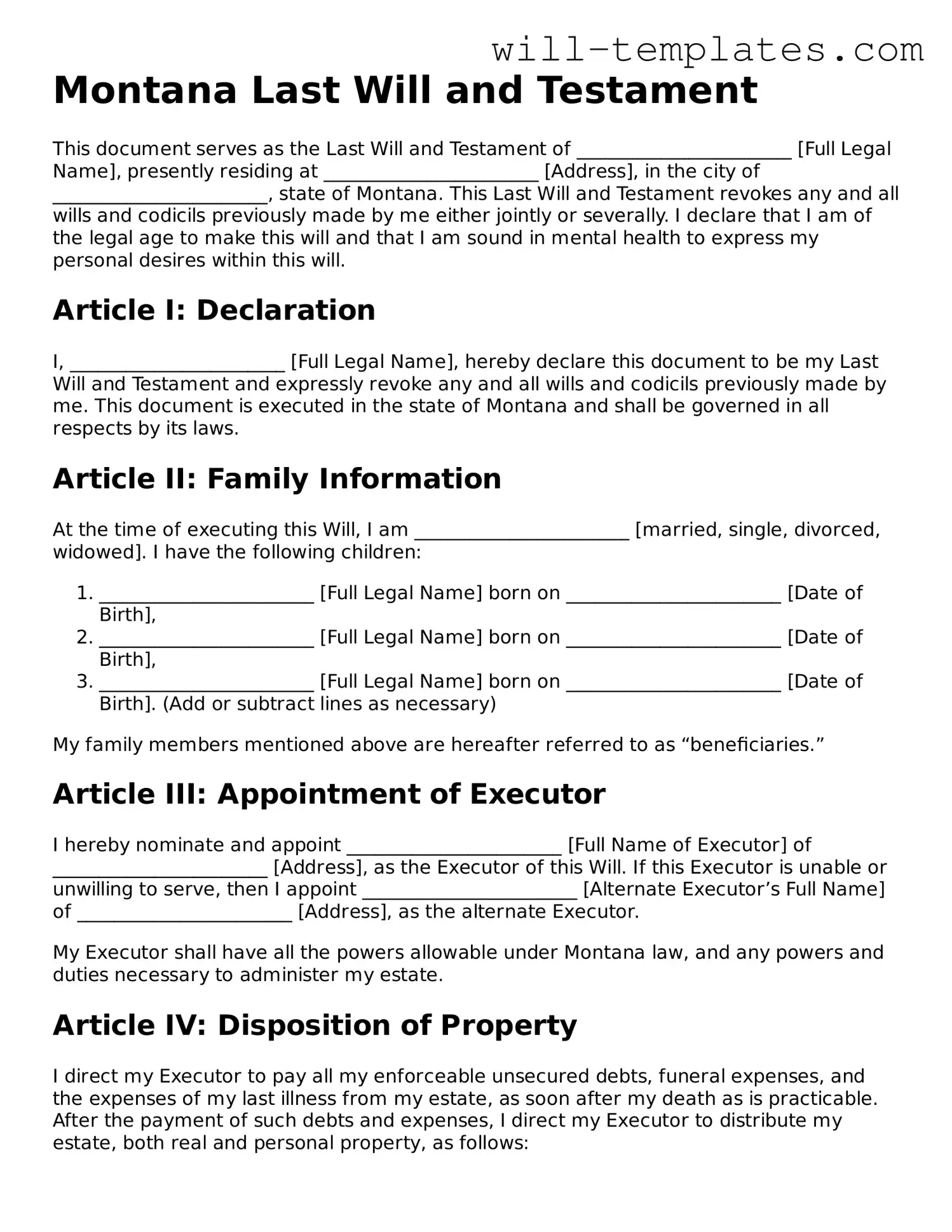 Official  Last Will and Testament Template for Montana