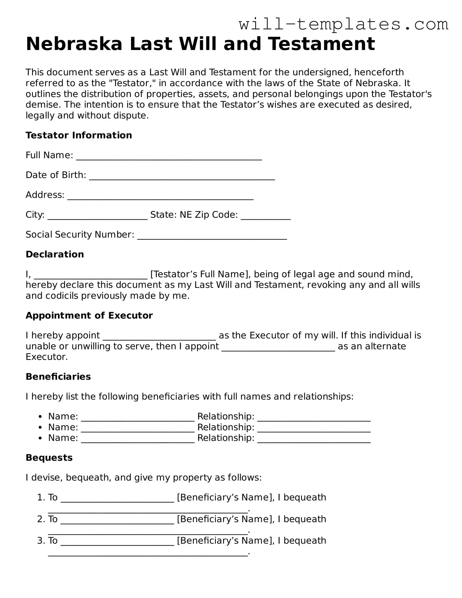 Official  Last Will and Testament Template for Nebraska