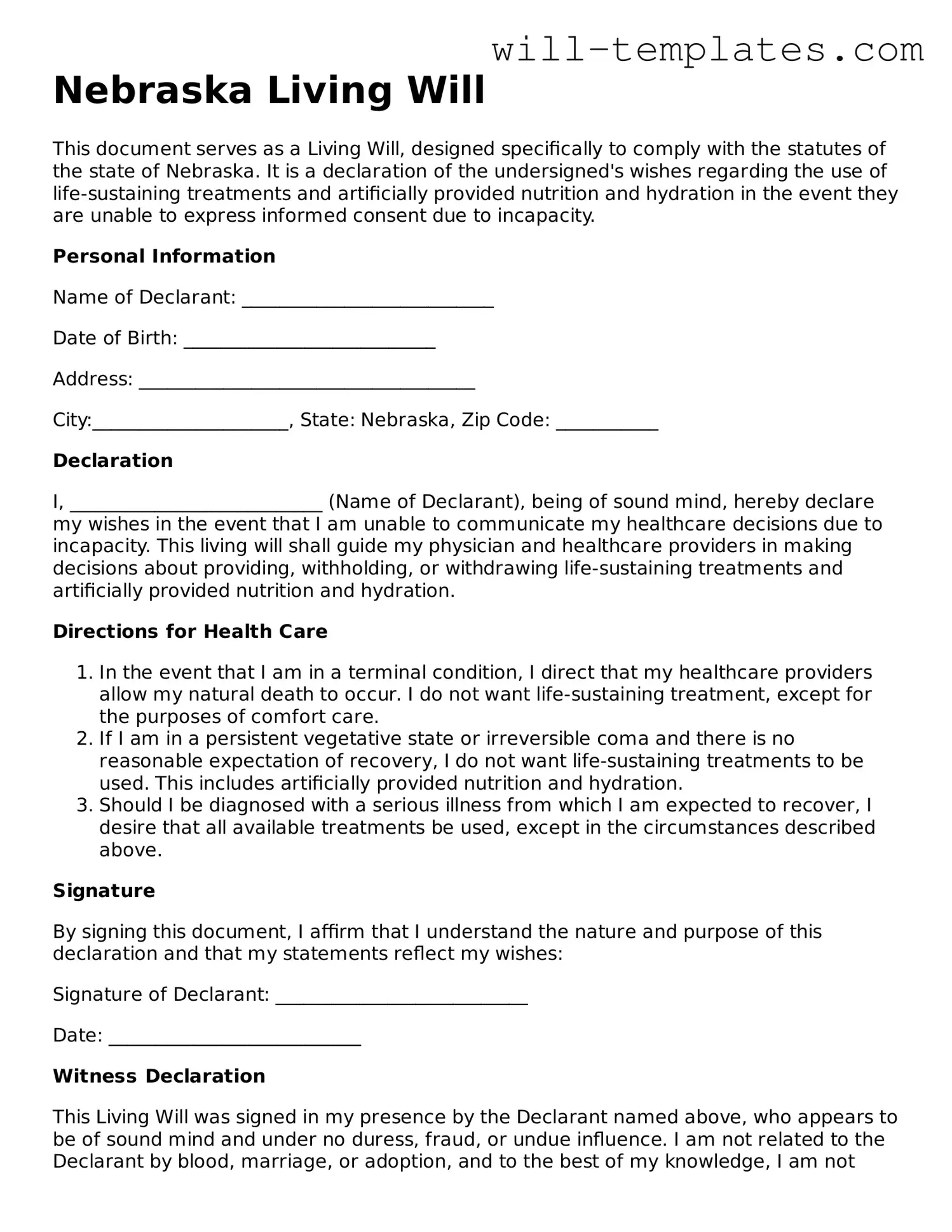 Official  Living Will Template for Nebraska