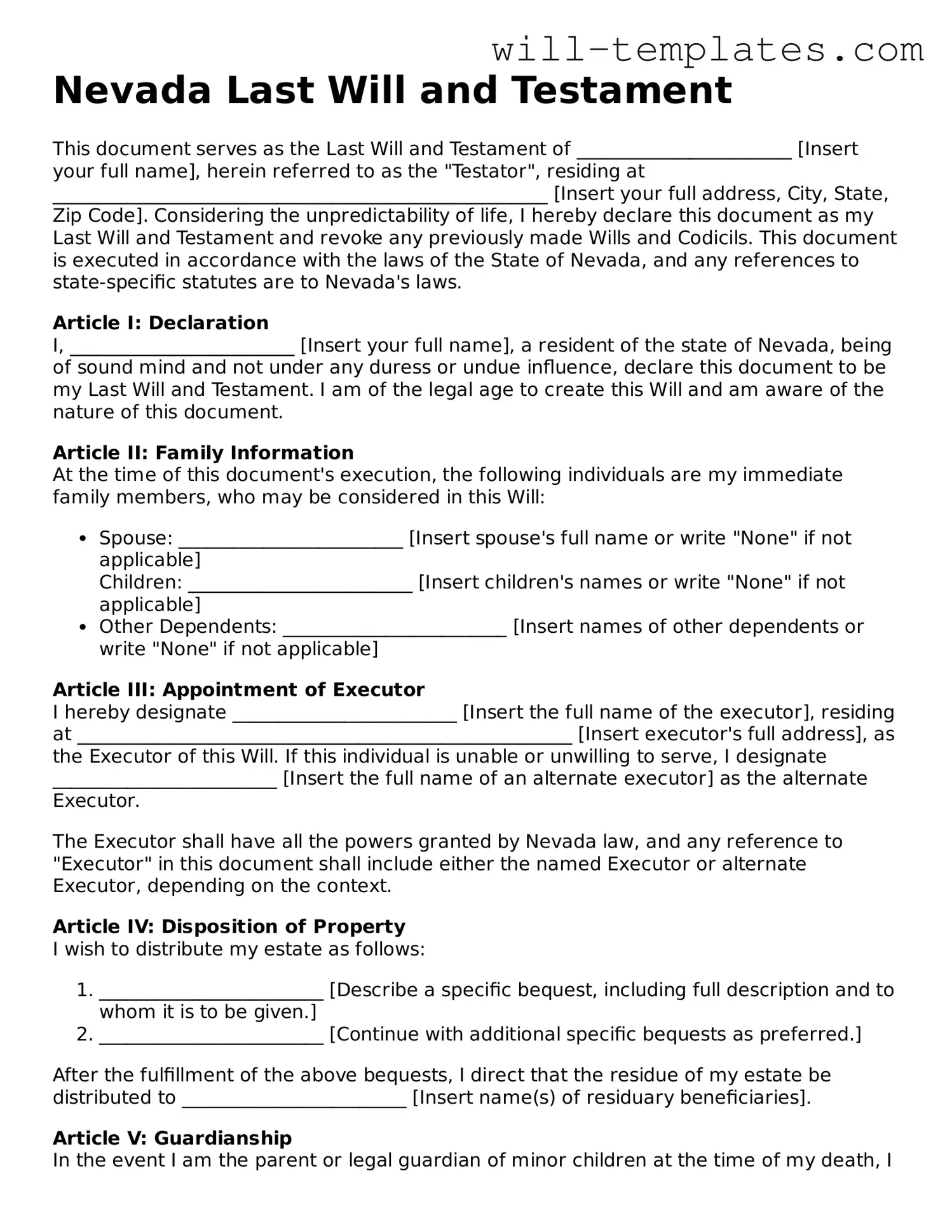 Official  Last Will and Testament Template for Nevada