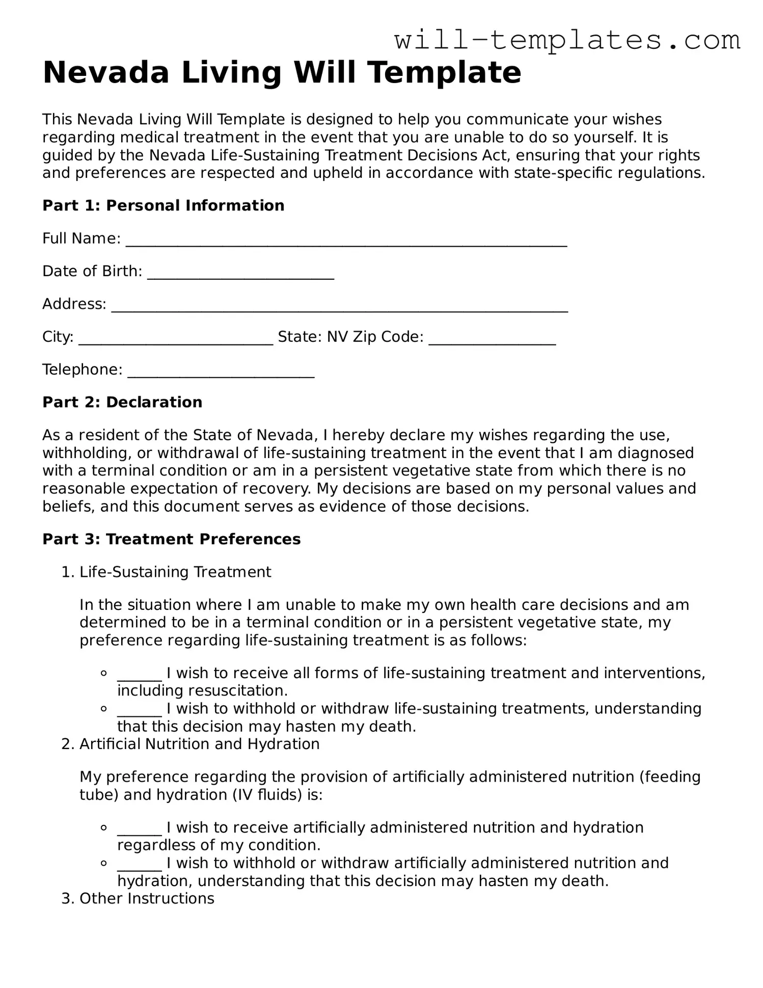Official  Living Will Template for Nevada