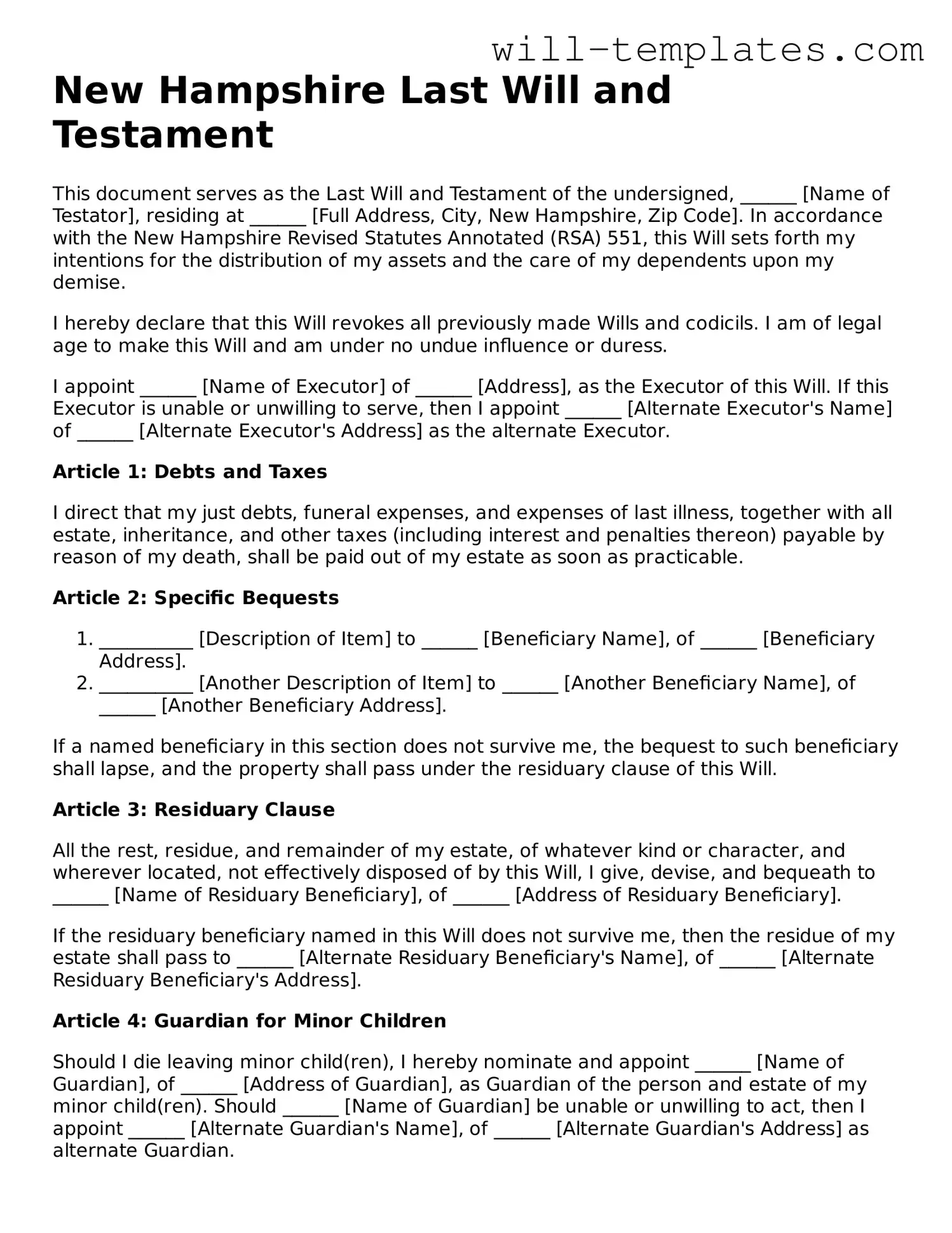 Official  Last Will and Testament Template for New Hampshire