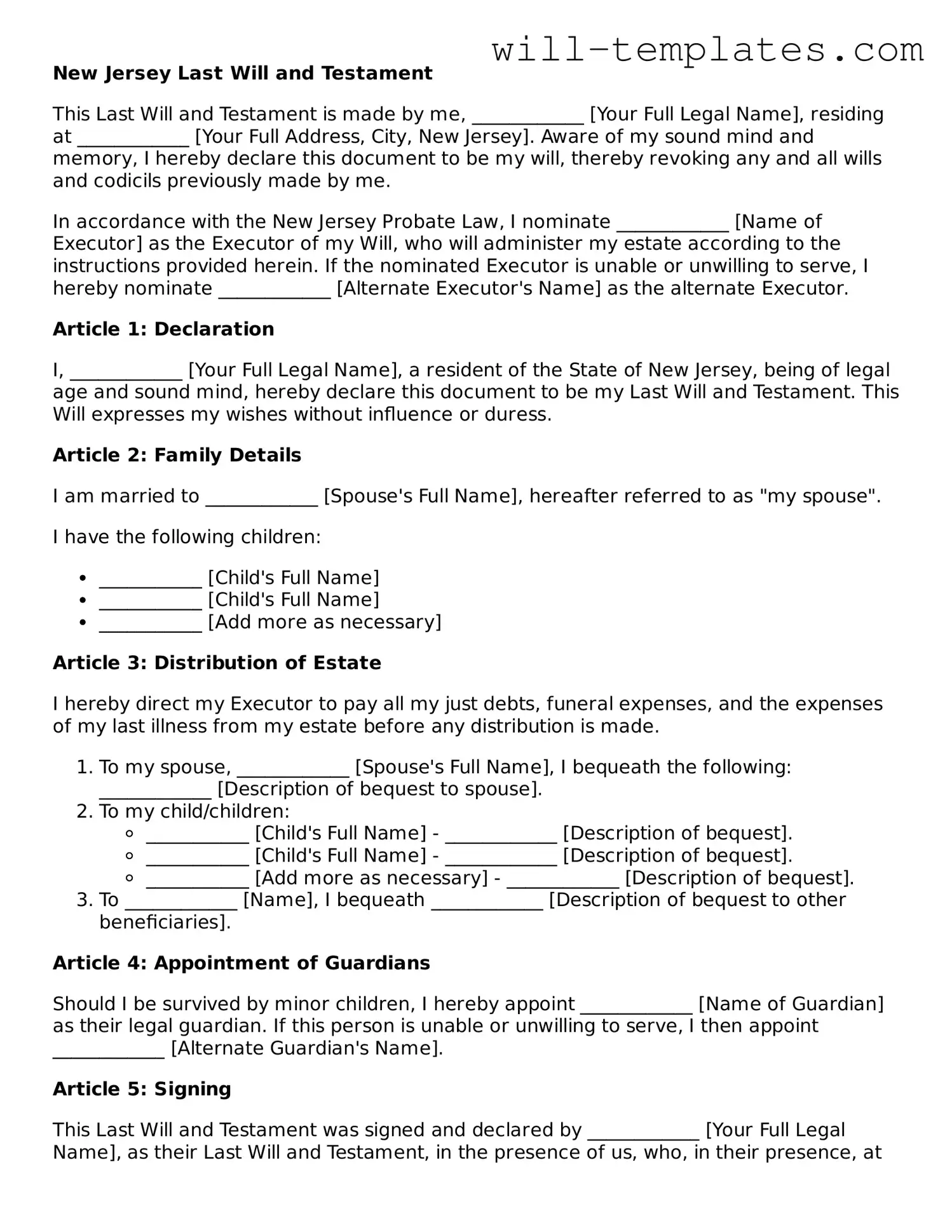 Official  Last Will and Testament Template for New Jersey