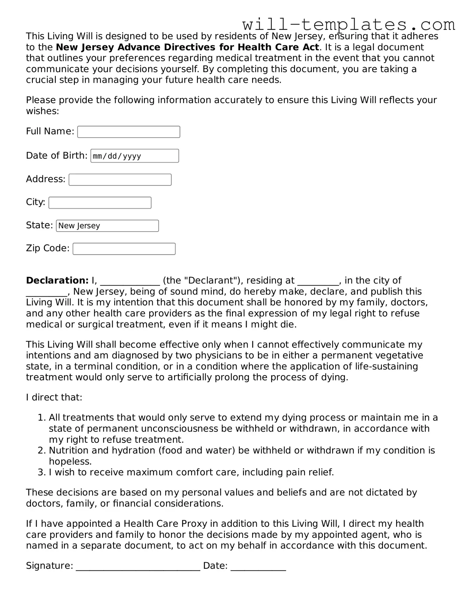 Official  Living Will Template for New Jersey