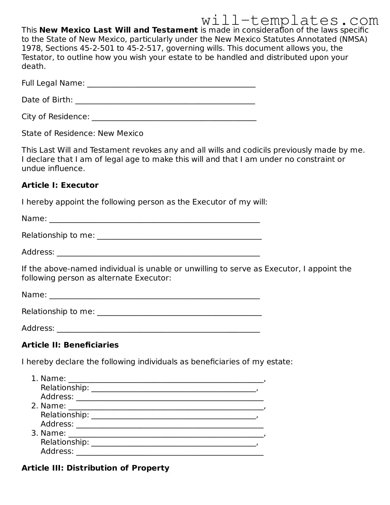 Official  Last Will and Testament Template for New Mexico