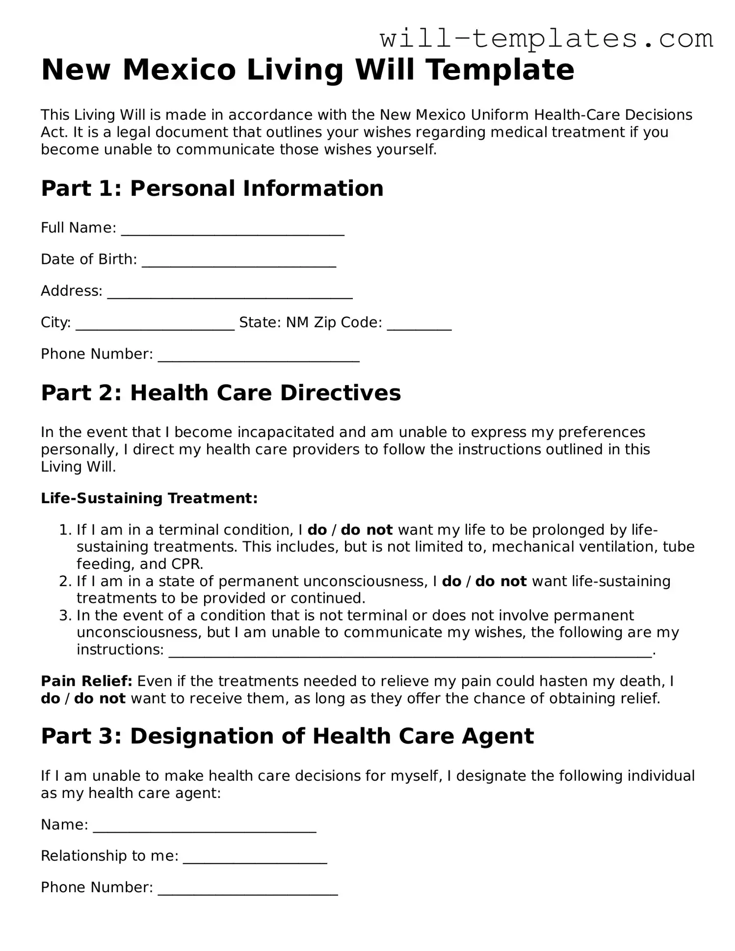Official  Living Will Template for New Mexico